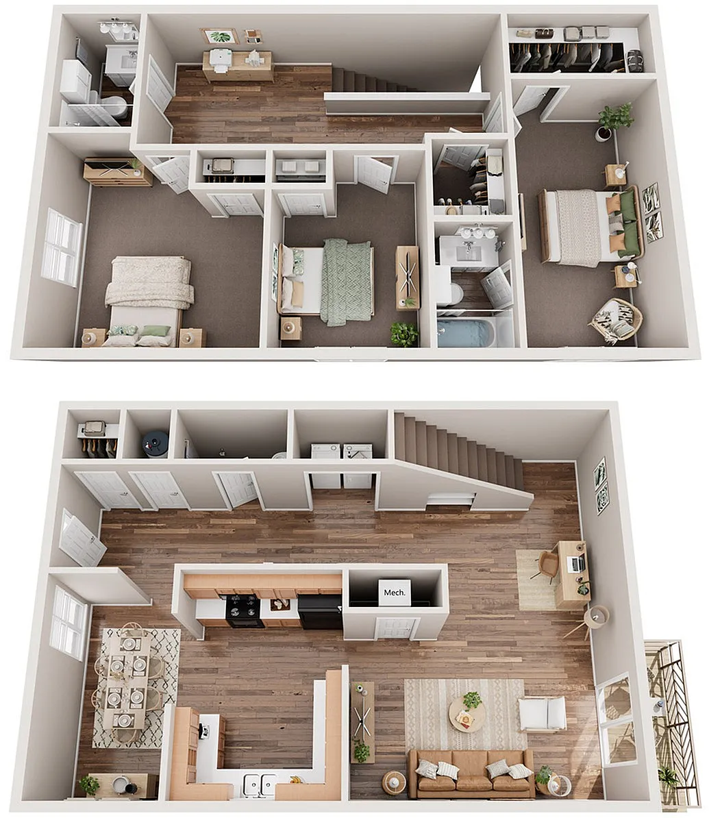 Spacious two-story floor plan featuring three bedrooms, an elegant open-concept living area, a modern kitchen with island, and a dedicated dining space. Ideal for comfortable family living.