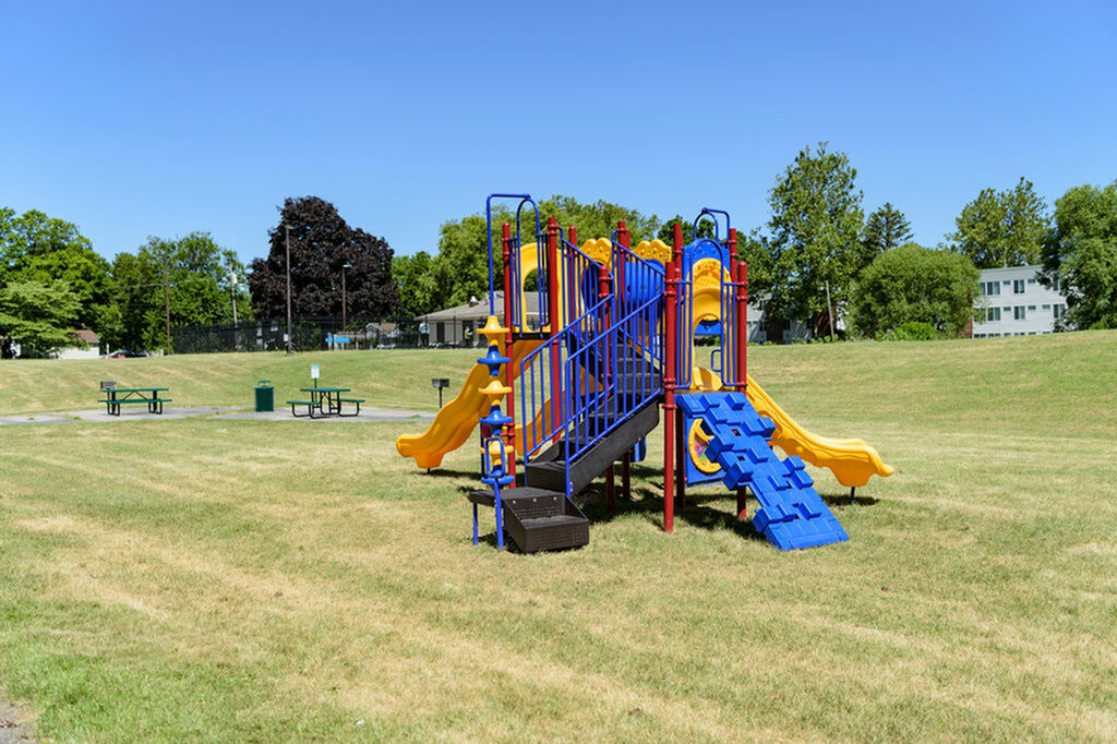 Inviting playground with vibrant slides and climbing structures set in a spacious, green grassy area, perfect for family enjoyment.