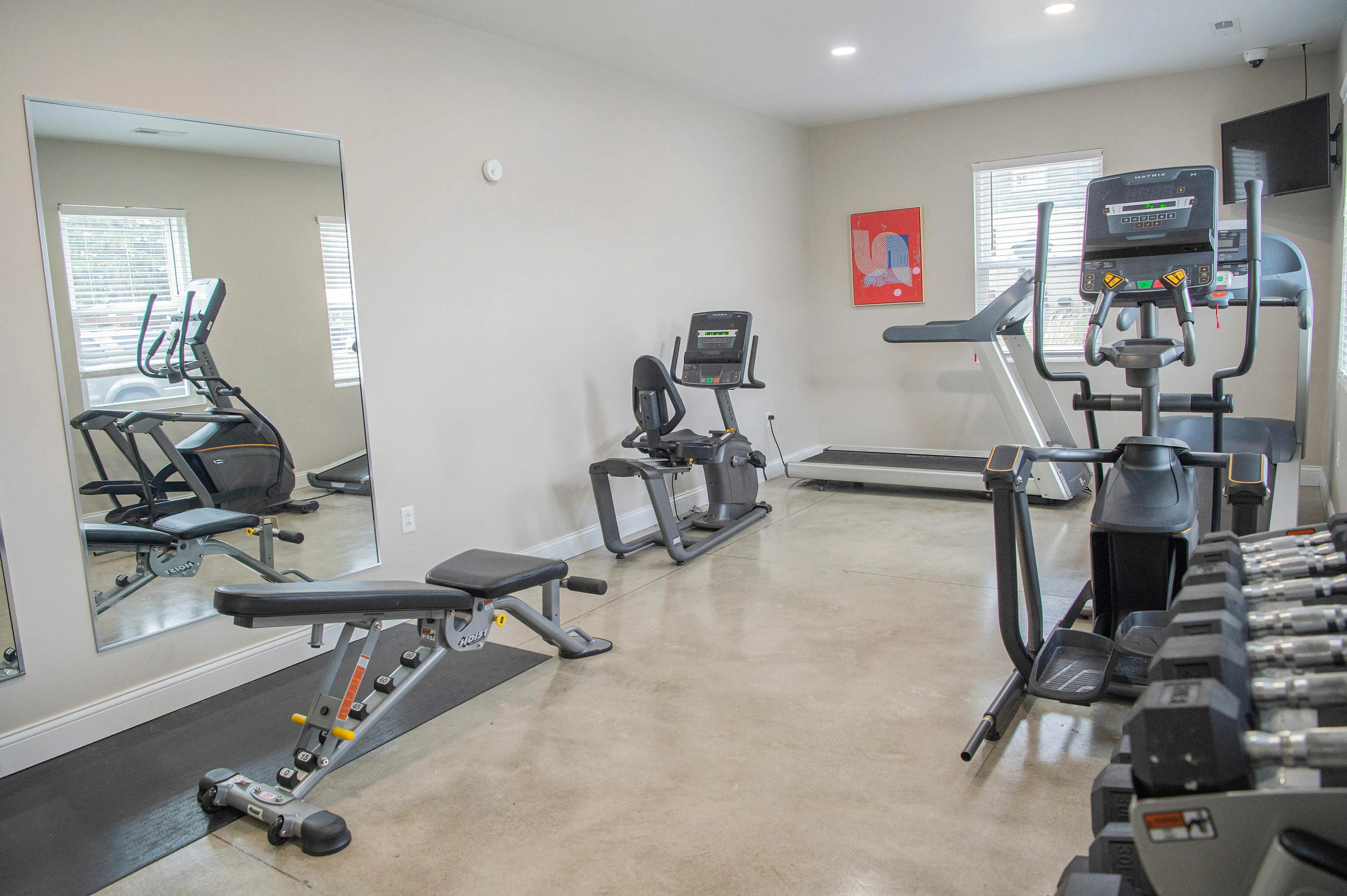 Contemporary apartment gym with modern cardio machines, weight bench, and free weights, offering a bright and inviting fitness space.