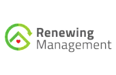 Renewing Management logo featuring a green stylized home with a red heart, symbolizing care and sustainability in property management.