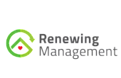 Renewing Management logo featuring a green circular arrow and a heart, symbolizing growth and care.