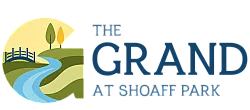 Logo for The Grand at Shoaff Park featuring a scenic landscape with a blue bridge over a flowing river and rolling green hills.
