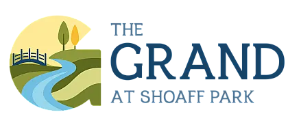 Elegant logo for The Grand at Shoaff Park featuring a picturesque landscape with a flowing river, charming bridge, and tall trees, reflecting serene and luxurious living.