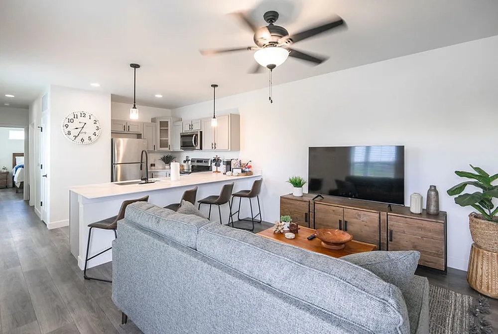 Chic open-plan living room with modern kitchen, cozy seating area, and stylish decor.