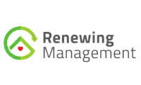 Modern and vibrant logo for Renewing Management featuring a green circular design with a heart, symbolizing growth and care.