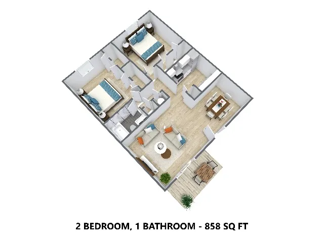 2 Bedroom, 1 Bathroom - 858 Square Feet