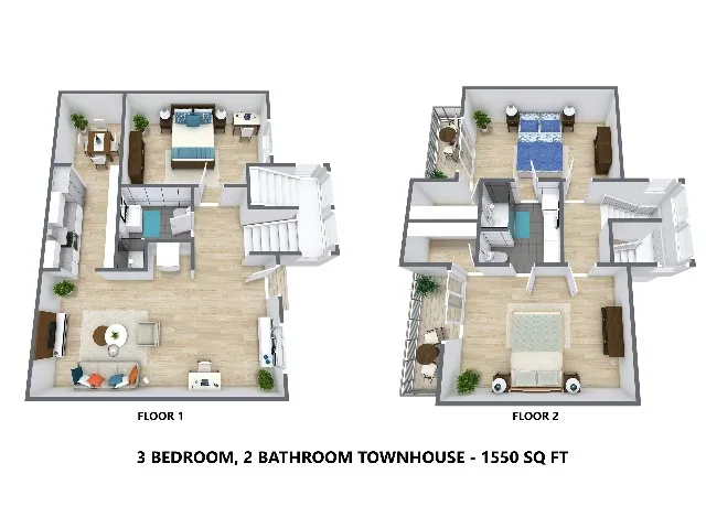 3 Bedroom, 2 Bathroom - 1550 Square Feet Townhouse