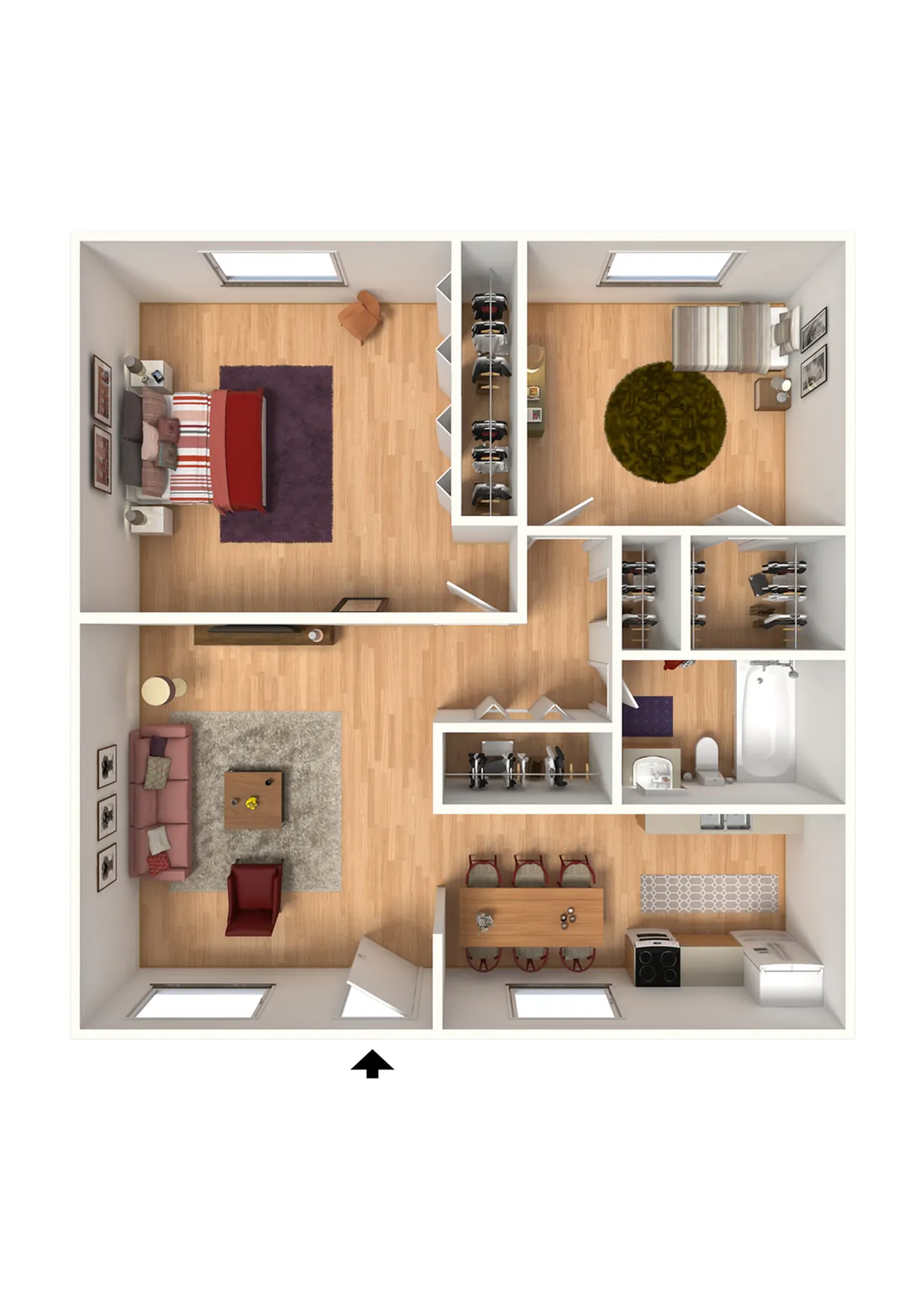 Modern 3D floor plan showcasing 2 bedrooms, an inviting living room, and a functional open kitchen with elegant dining space.