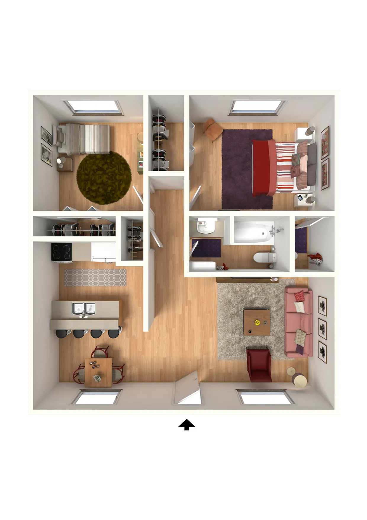 Modern 2D floor plan showcasing 2 bedrooms, an inviting living room, and a sleek kitchen with dining area, featuring stylish decor and ample natural light.