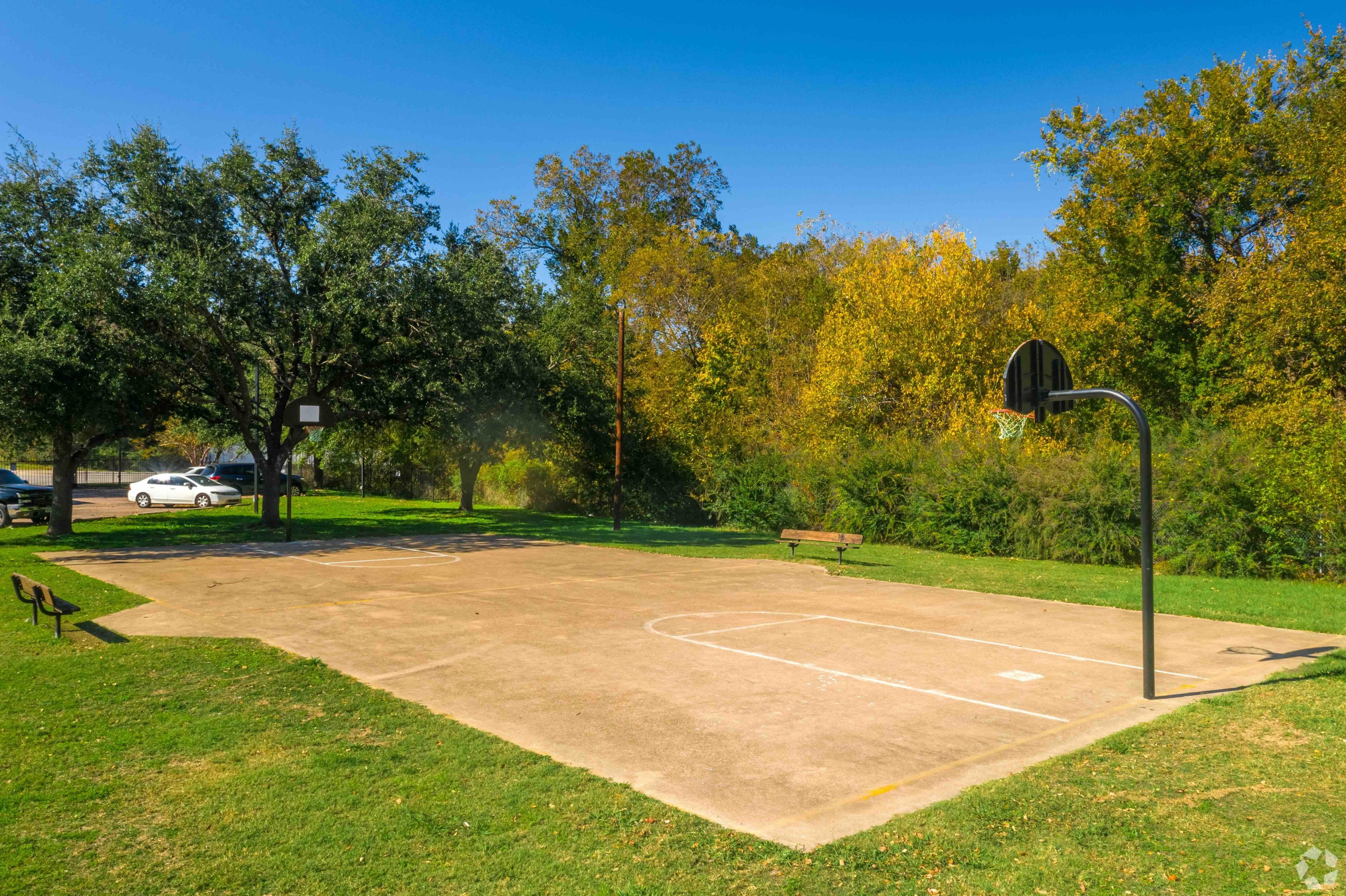 Inviting outdoor basketball court surrounded by lush greenery, perfect for recreational play and community gatherings.