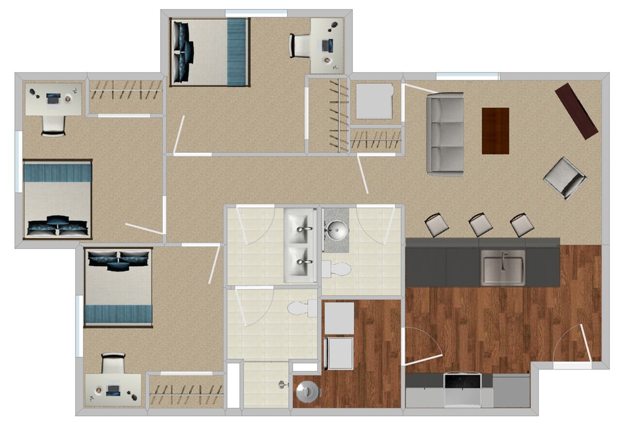 Modern 3-bedroom apartment floor plan with a spacious living area, open kitchen with island, and dual bathroom access.