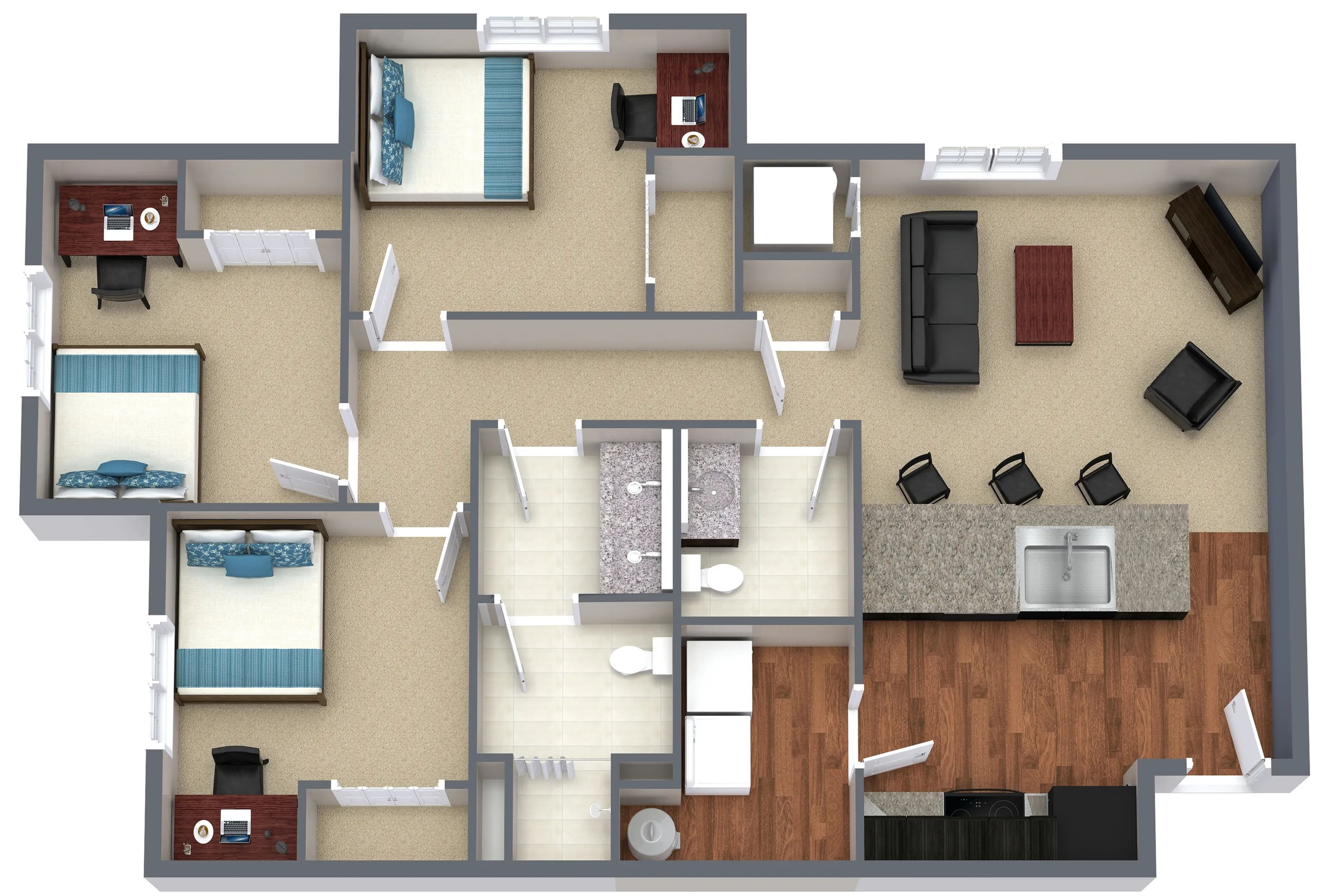 Modern 3D floor plan with three cozy bedrooms, inviting open kitchen with island seating, spacious living area, and elegant bathroom.