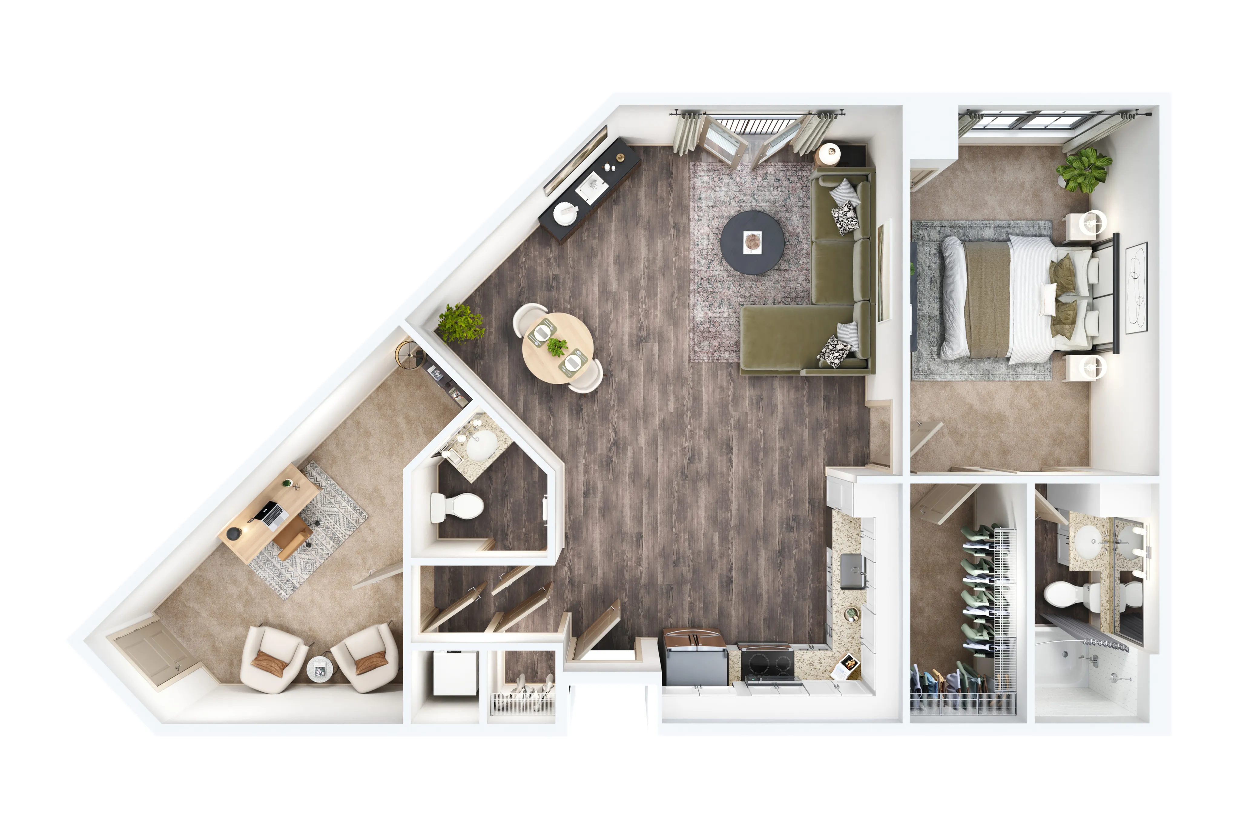 Contemporary 2D floor plan featuring a spacious bedroom, cozy living area, modern kitchen, home office space, and a stylish bathroom.