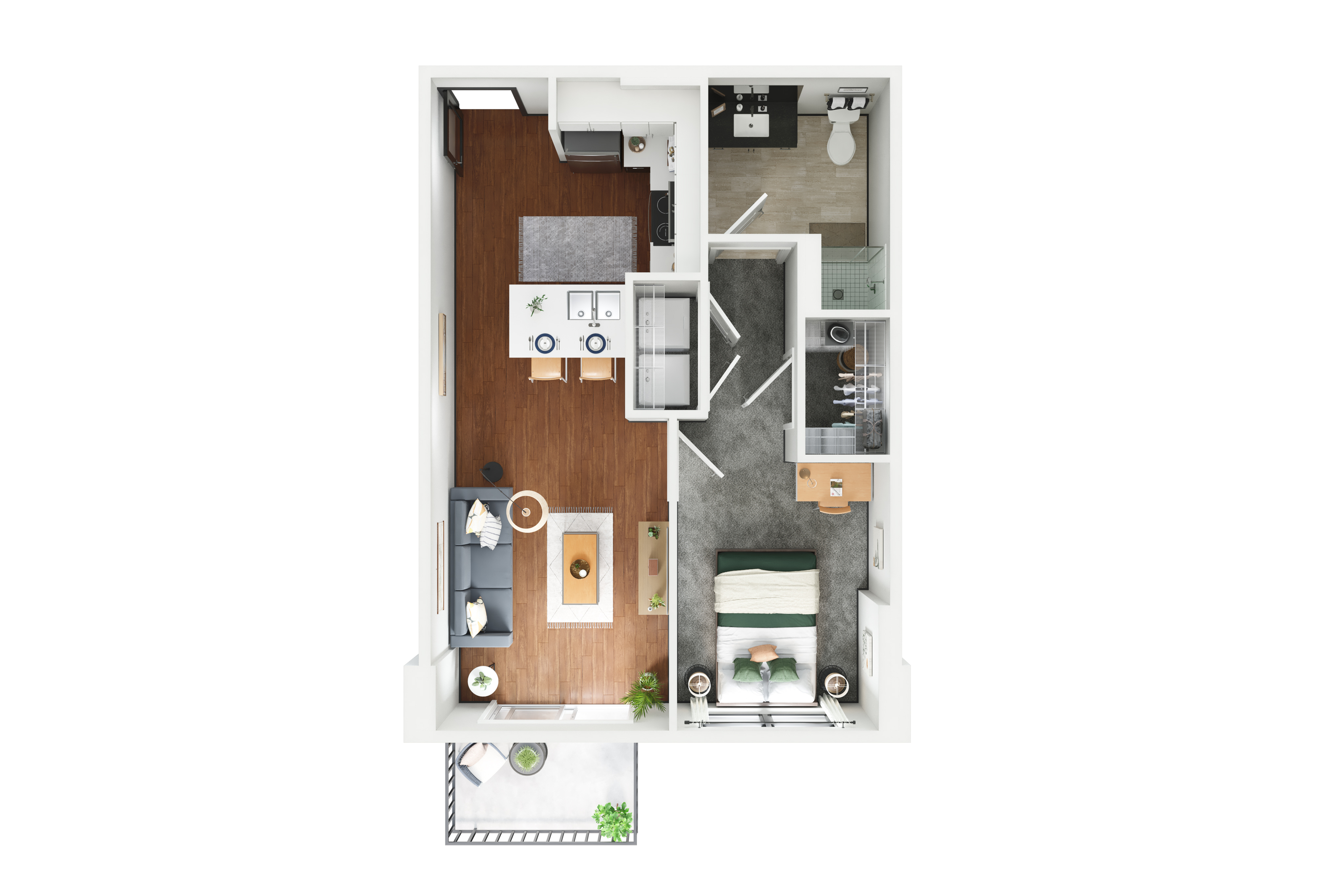 Contemporary apartment floor plan showcasing a spacious bedroom, an open-concept living and dining area, sleek kitchen, and modern bathroom with balcony access.