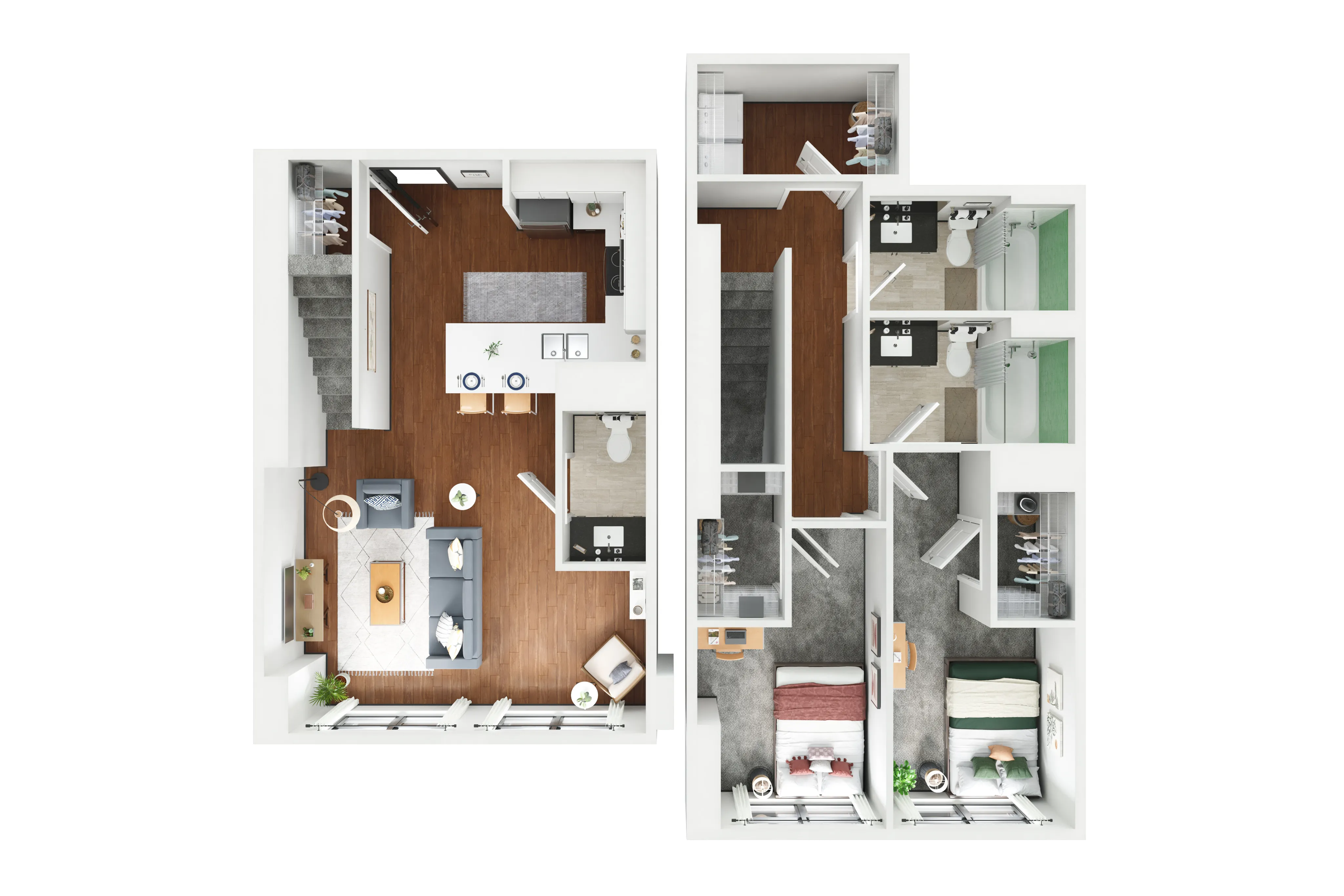 Contemporary 2-story floor plan with open-concept living area, modern kitchen, and 2 cozy bedrooms, featuring elegant wood flooring and stylish bathrooms.