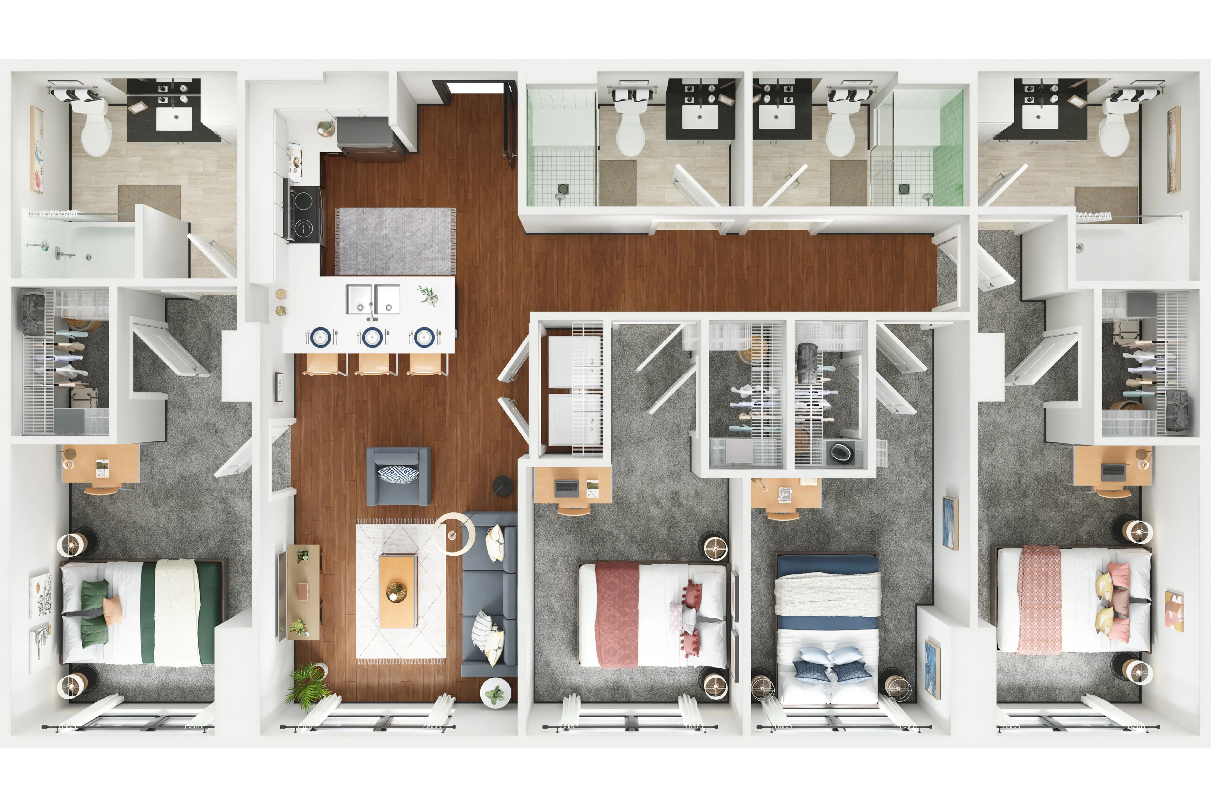 Contemporary floor plan with three spacious bedrooms, modern kitchen, and inviting living area ideal for comfortable living.