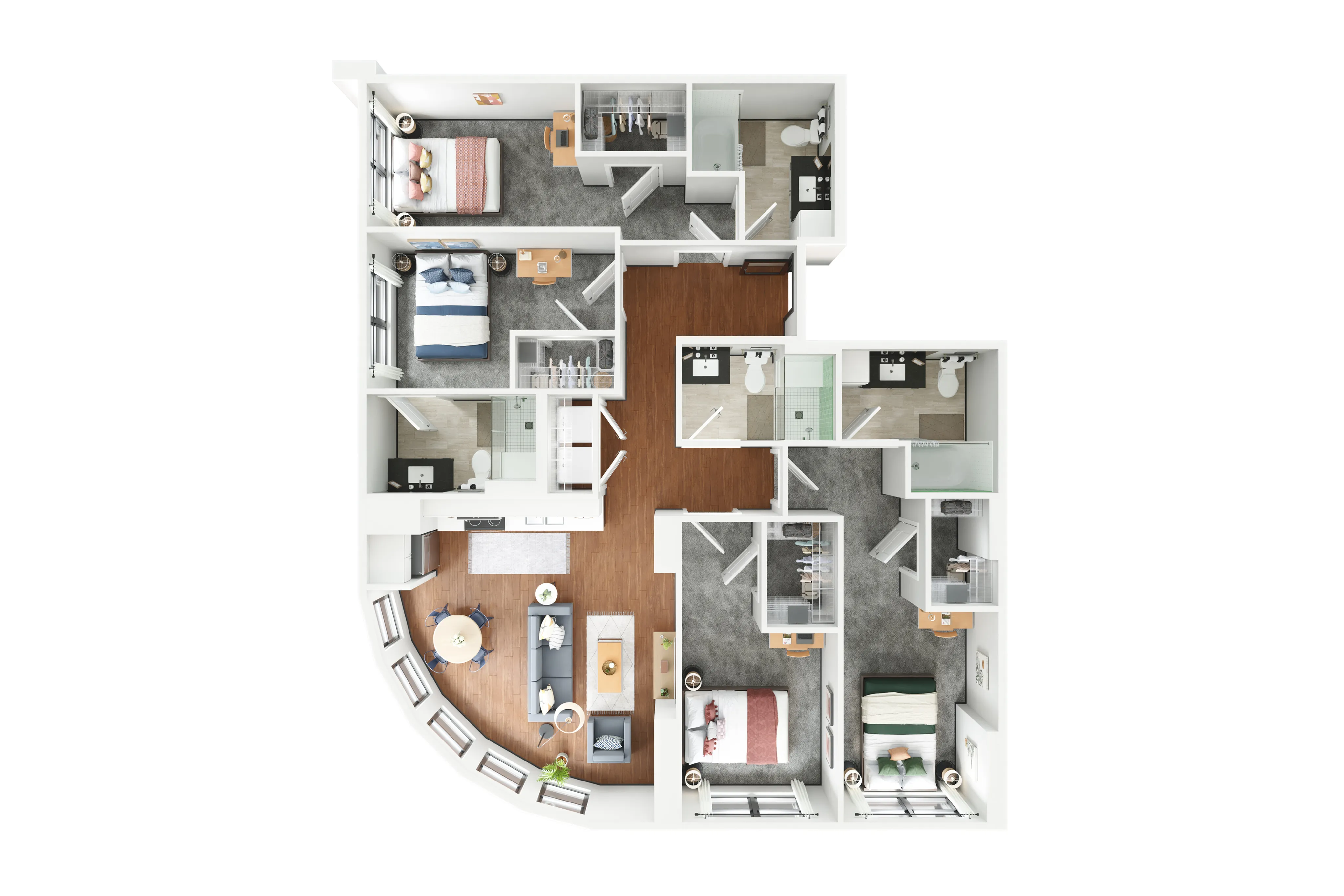 Inviting floor plan featuring 3 bedrooms, an expansive living area with curved windows, and a modern kitchen, designed for comfort and style.