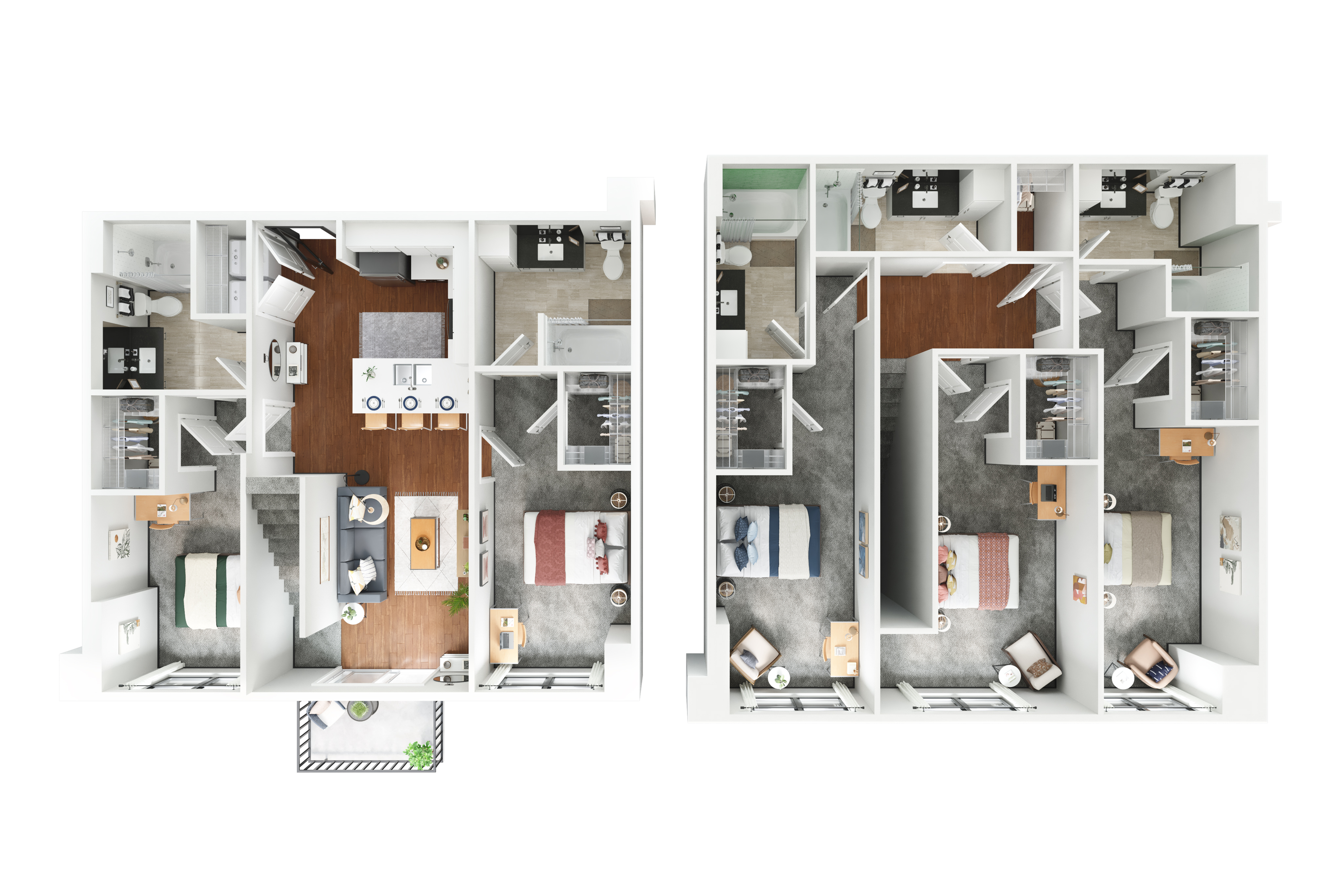 Modern two-story floor plan featuring three spacious bedrooms, two bathrooms, an open-concept kitchen and living area, with elegant finishes and a cozy balcony.