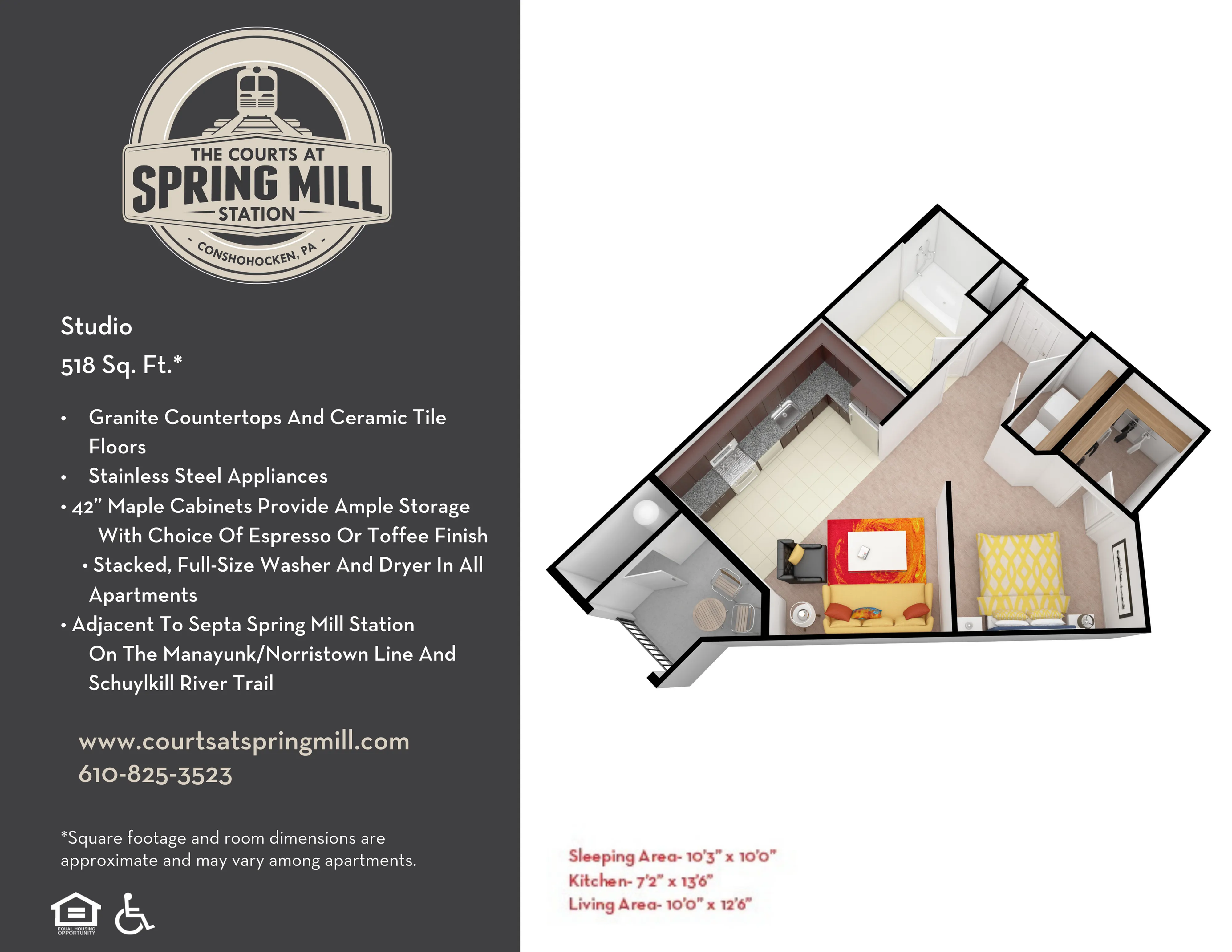 Modern studio floor plan with a cozy living area, sleek kitchen, and stylish sleeping space, featuring granite countertops and stainless steel appliances at The Courts at Spring Mill Station.