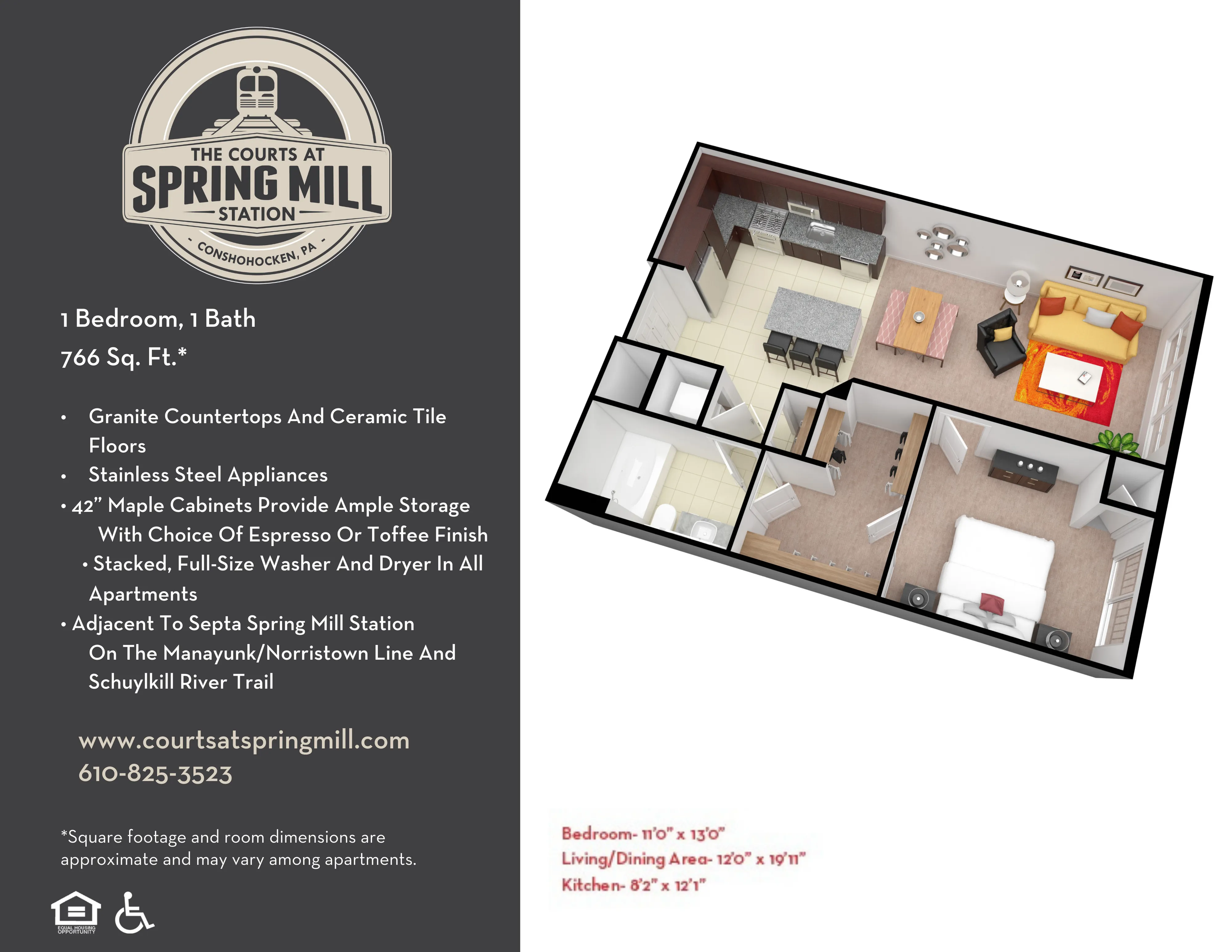 Modern one-bedroom floor plan at The Courts at Spring Mill Station, Conshohocken, featuring a spacious living/dining area, stylish kitchen with granite countertops, and ceramic tile floors. Total area of 766 sq. ft.