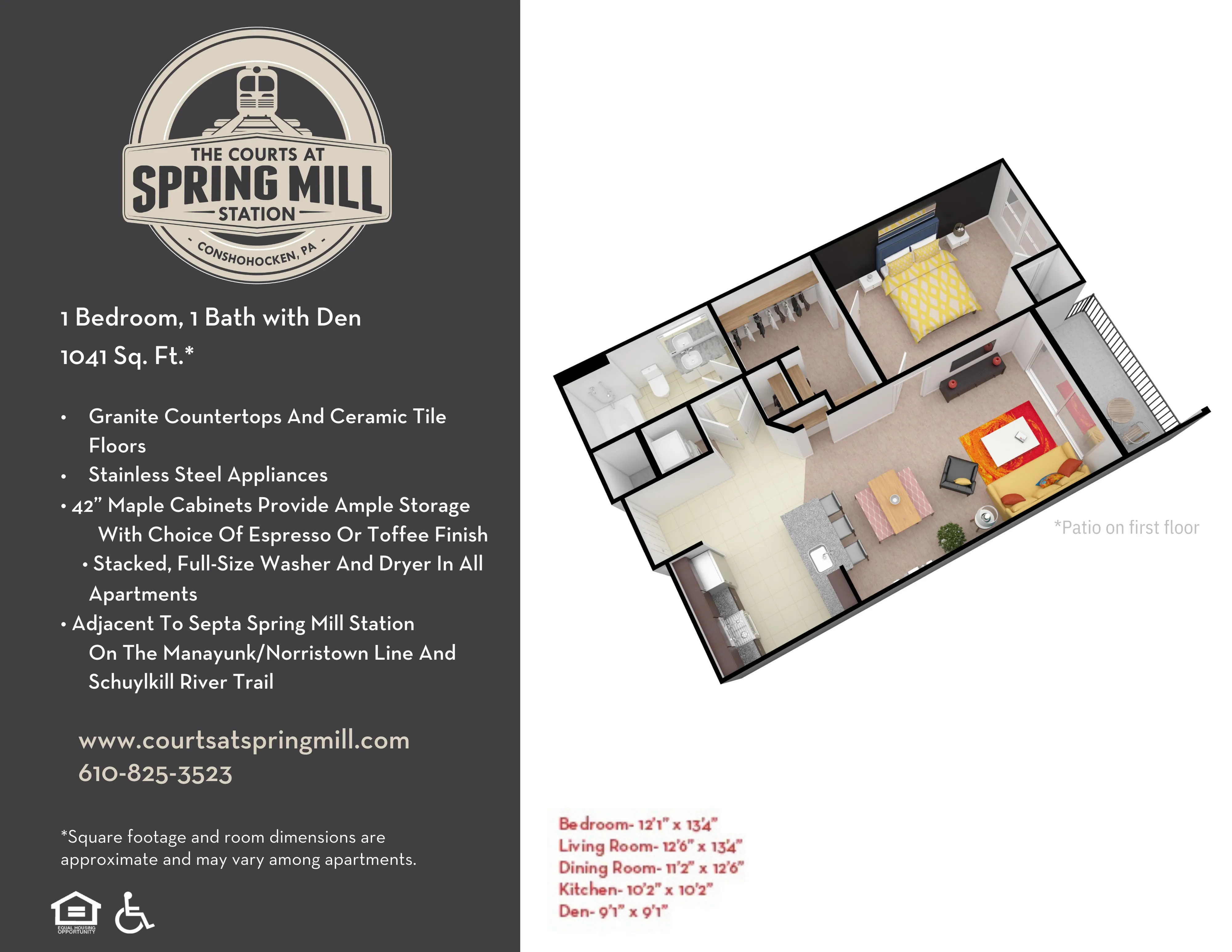 Chic 3D floor plan of The Courts at Spring Mill Station featuring 1 bedroom, a den, and an inviting open-concept living area with modern kitchen. Includes granite countertops, stainless steel appliances, and a private patio in a spacious 1041 sq ft layout.