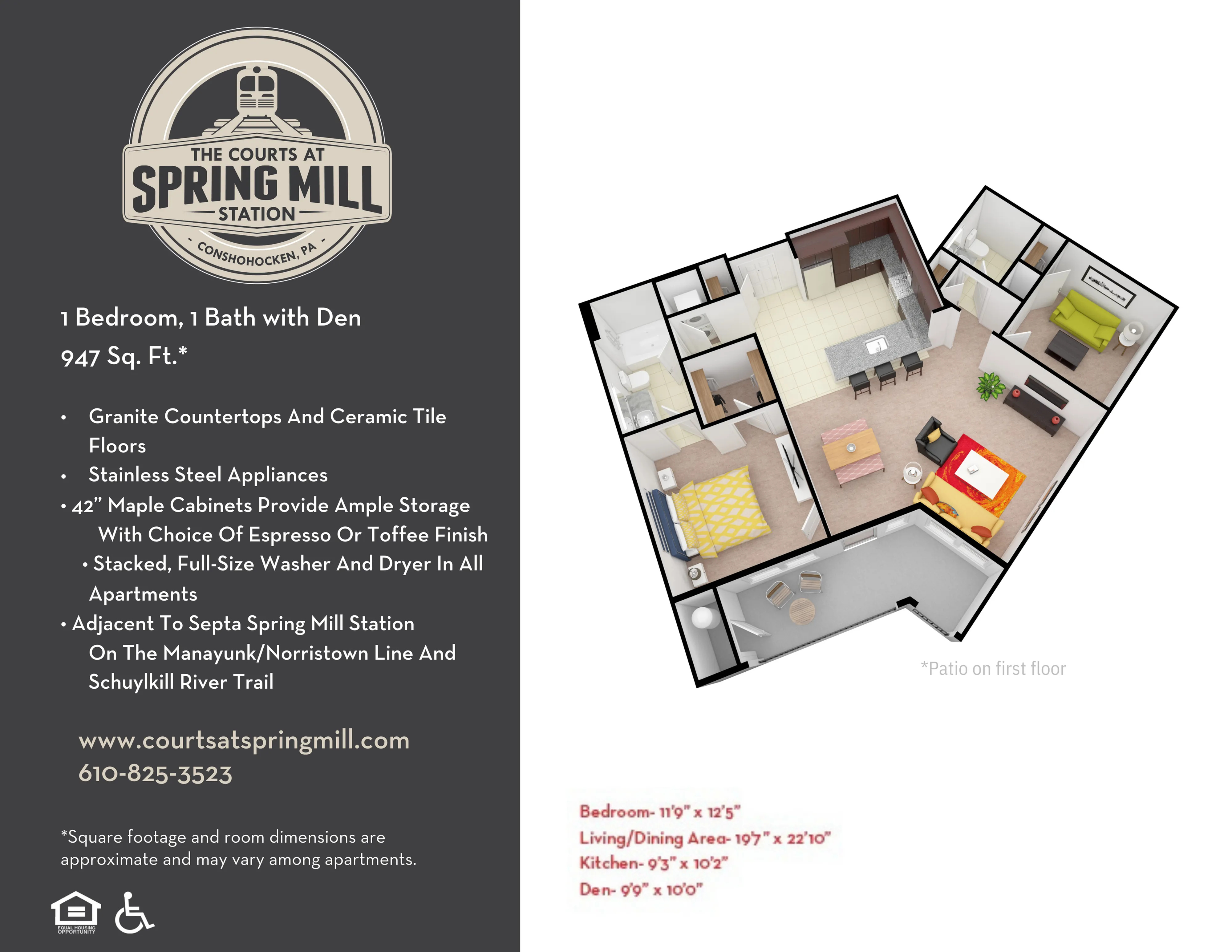 Inviting floor plan with 1 bedroom, a den, and spacious living area featuring granite countertops and stainless steel appliances, 947 sq ft, located at The Courts at Spring Mill Station.