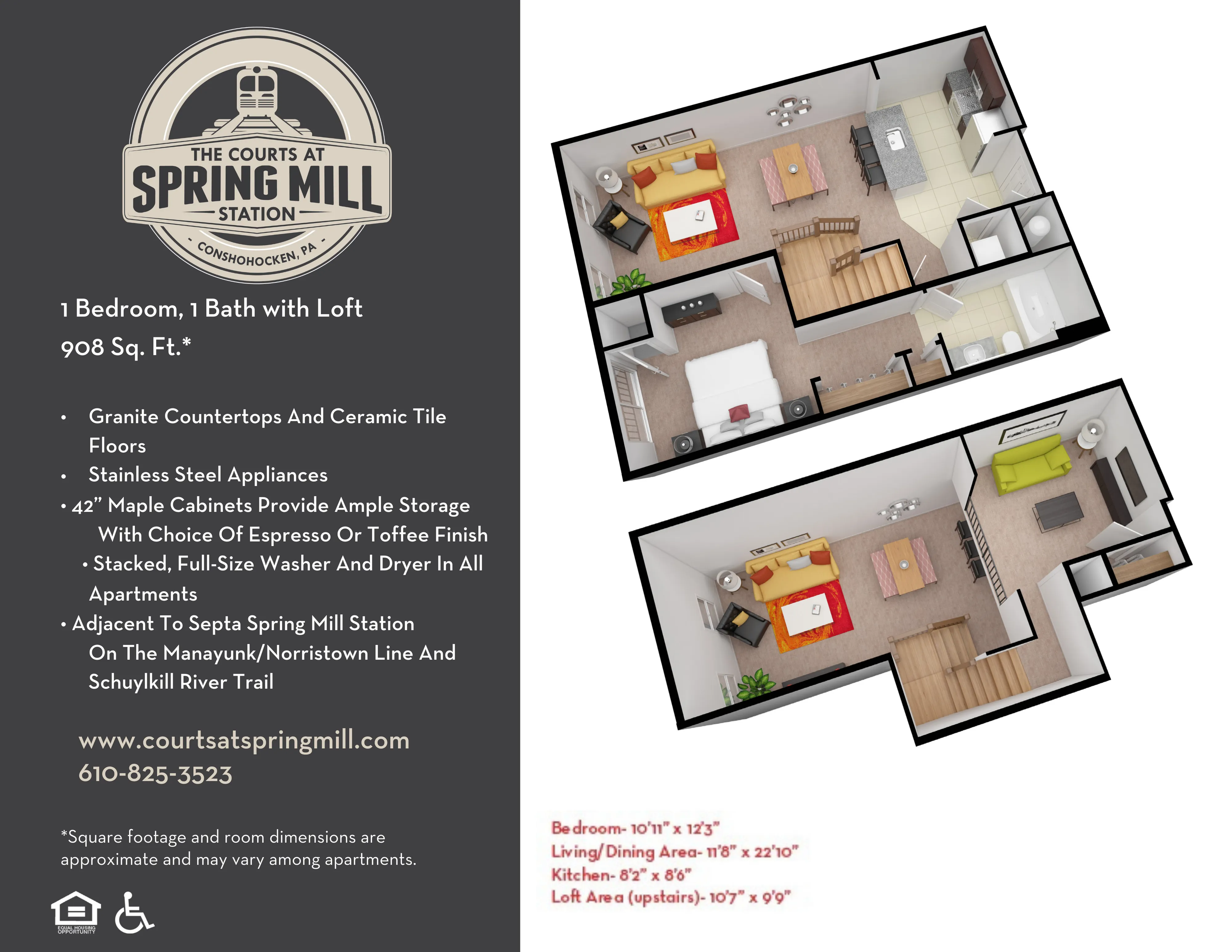 Charming 3D floor plan of The Courts at Spring Mill Station showcasing a modern 1 bedroom, 1 bath loft-style apartment with open kitchen, living area, granite countertops, and ample storage in 908 sq. ft.