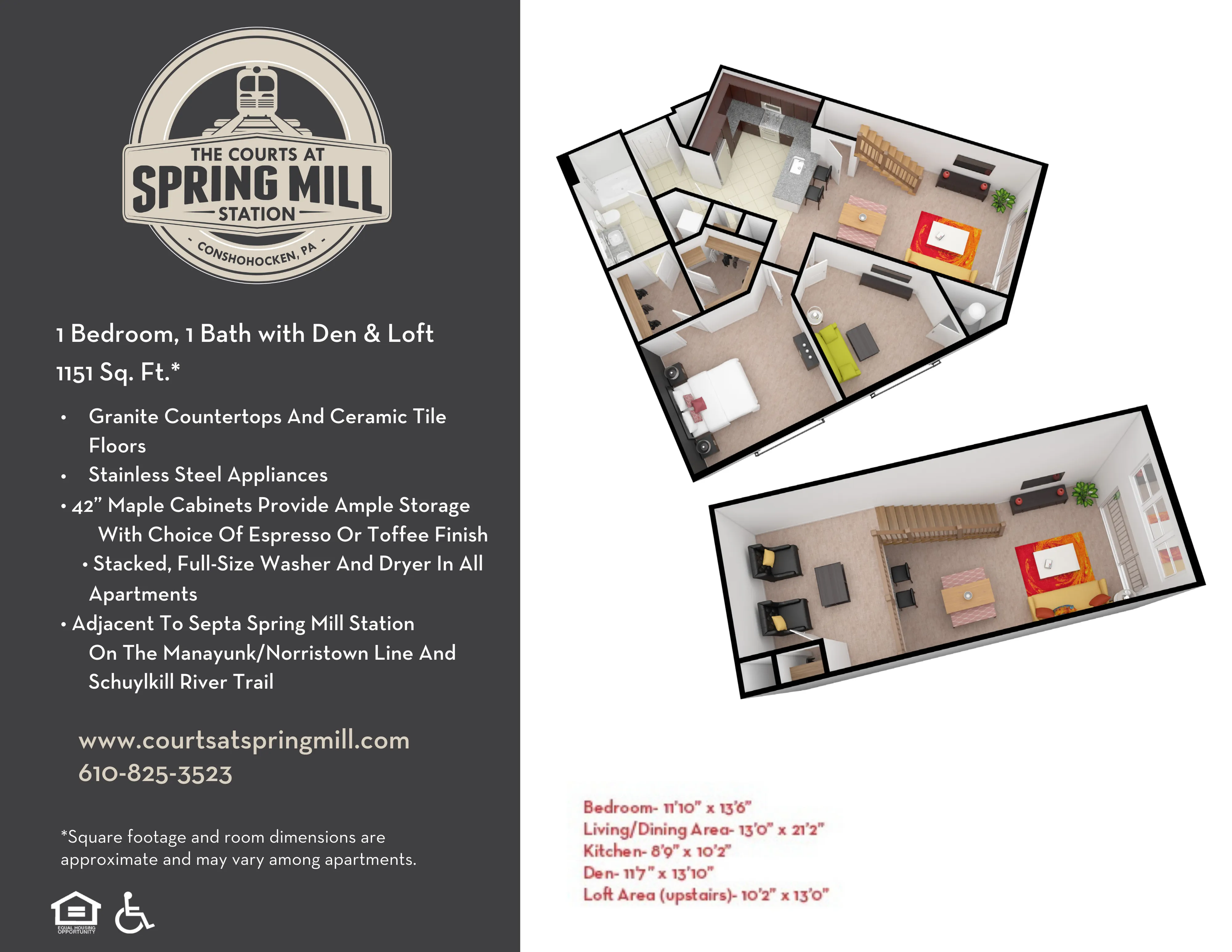 Modern 3D floor plan of a 1 bedroom with den and loft apartment, featuring an open living area, sleek kitchen, and cozy bedroom layout.