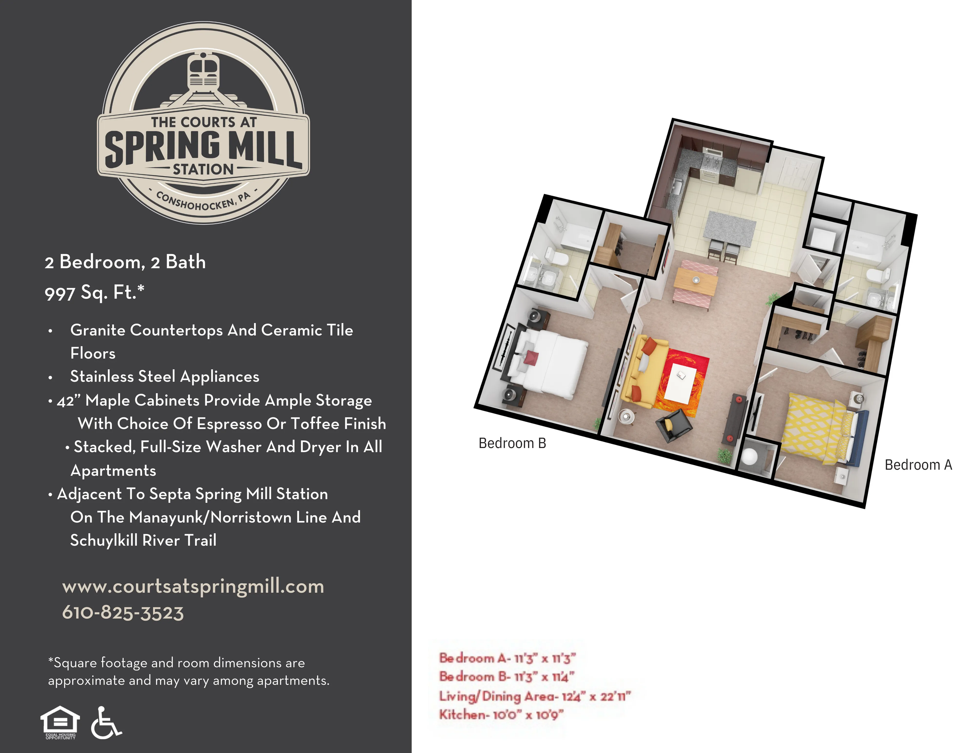 Elegant 3D floor plan featuring 2 bedrooms, open living/dining area, modern kitchen, and 2 bathrooms; spacious 997 sq. ft. layout with premium finishes.