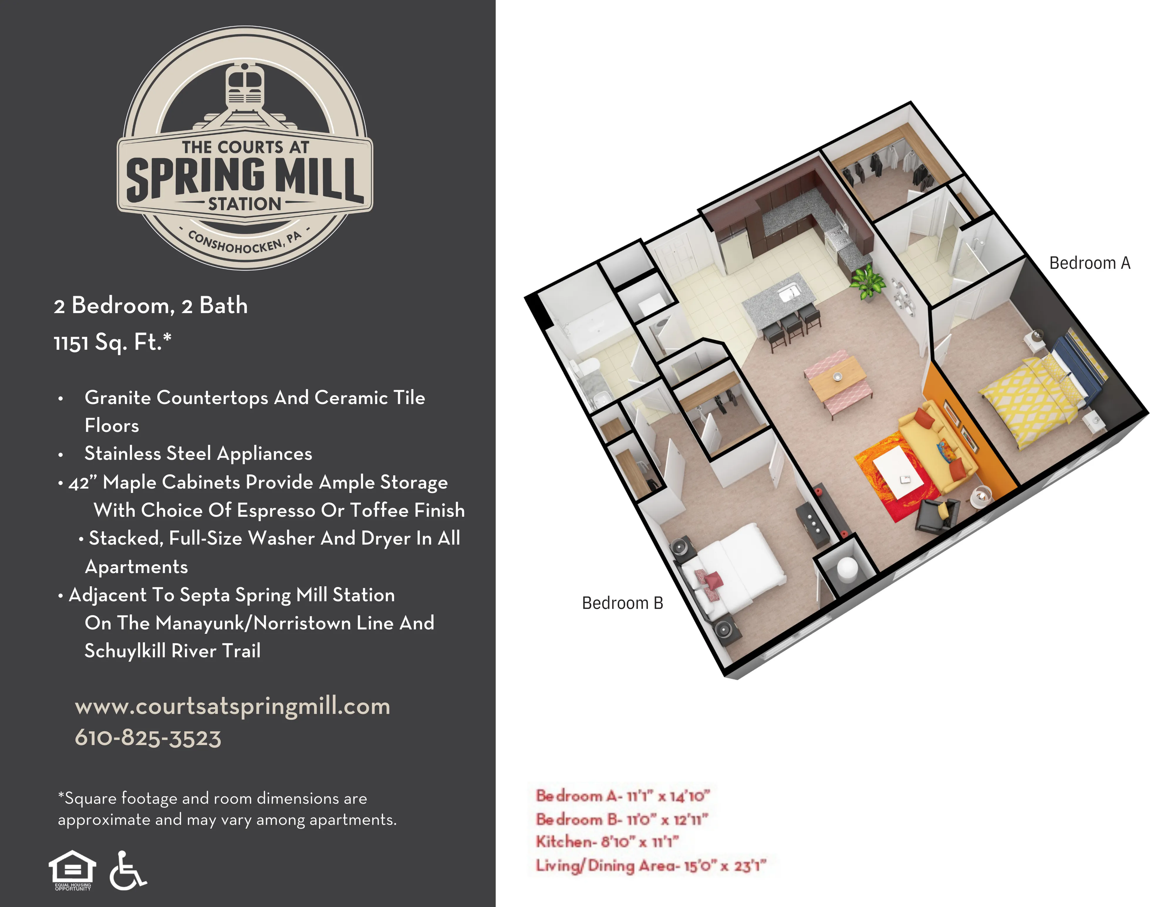 Modern 3D floor plan of a spacious 2-bedroom, 2-bath apartment with an open kitchen and living area, covering 1151 sq ft at The Courts at Spring Mill Station. Features include granite countertops, stainless steel appliances, and ample storage with 42-inch maple cabinets.