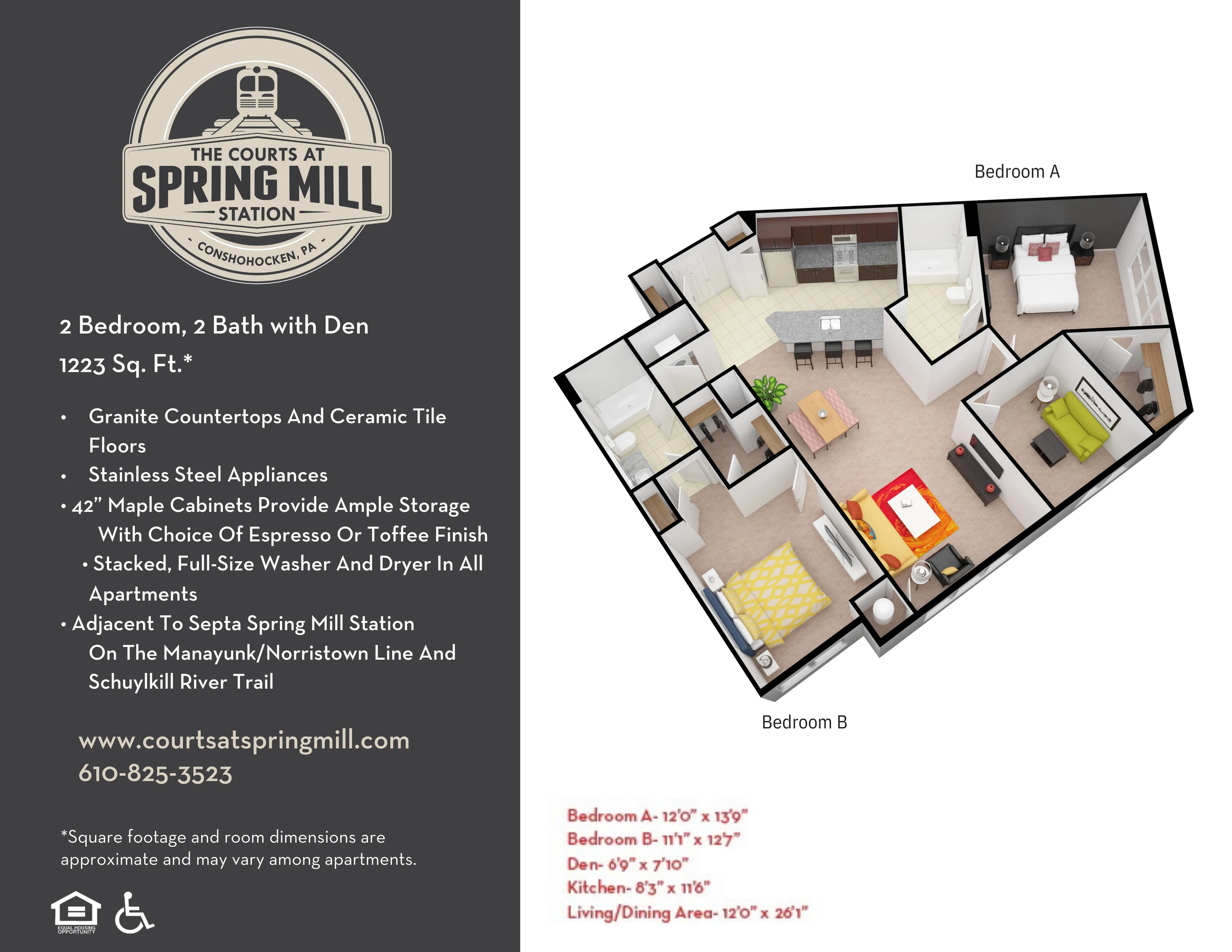 Modern 3D floor plan of a 2 bedroom, 2 bath apartment with a den, featuring an open-concept kitchen and living area. Spacious layout with granite countertops and stainless steel appliances in a 1223 sq. ft. space.