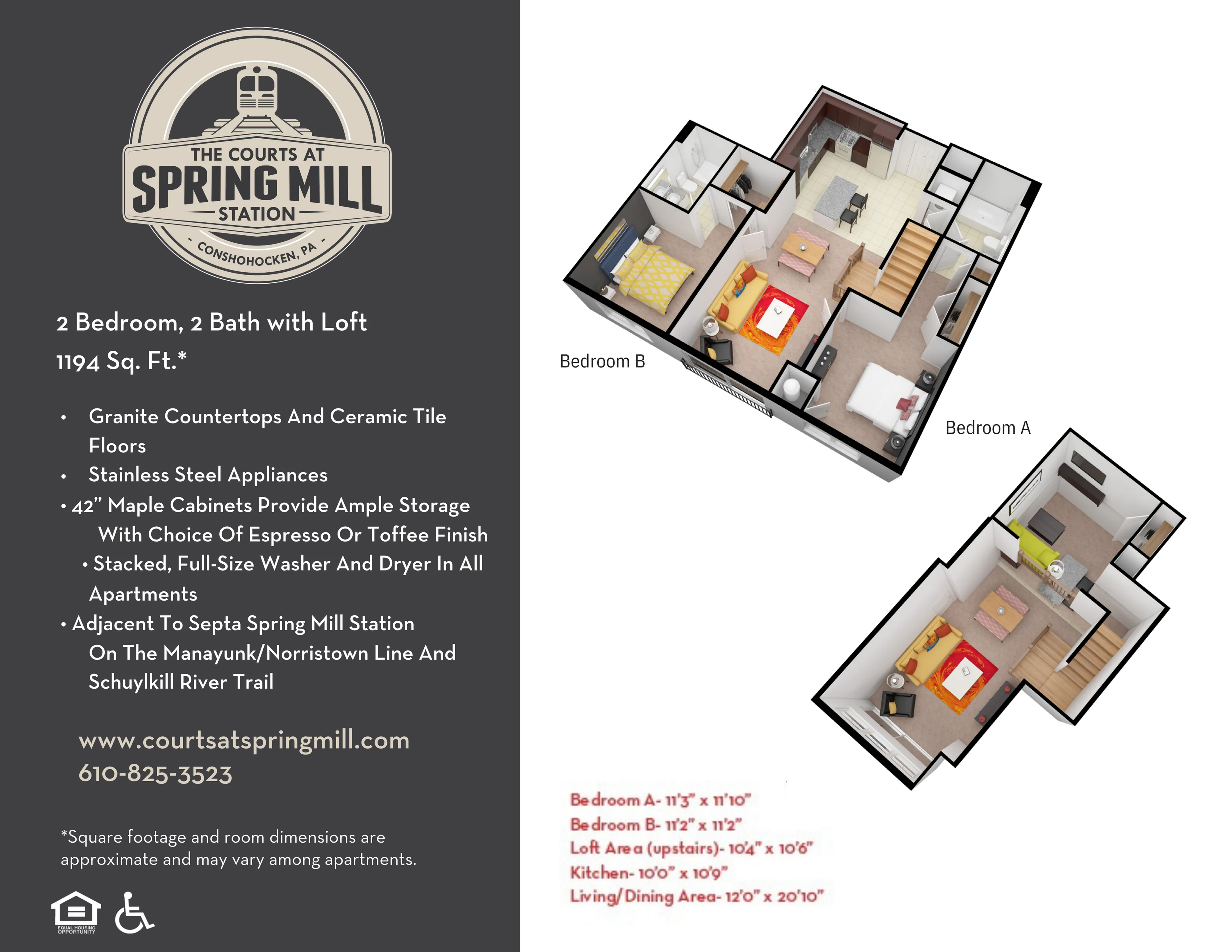 Elegant 3D floor plan showcasing a stylish 2 bedroom, 2 bath apartment with a cozy loft and modern kitchen. Features granite countertops, ceramic tile floors, and high-end stainless steel appliances. Conveniently located near SEPTA Spring Mill Station.