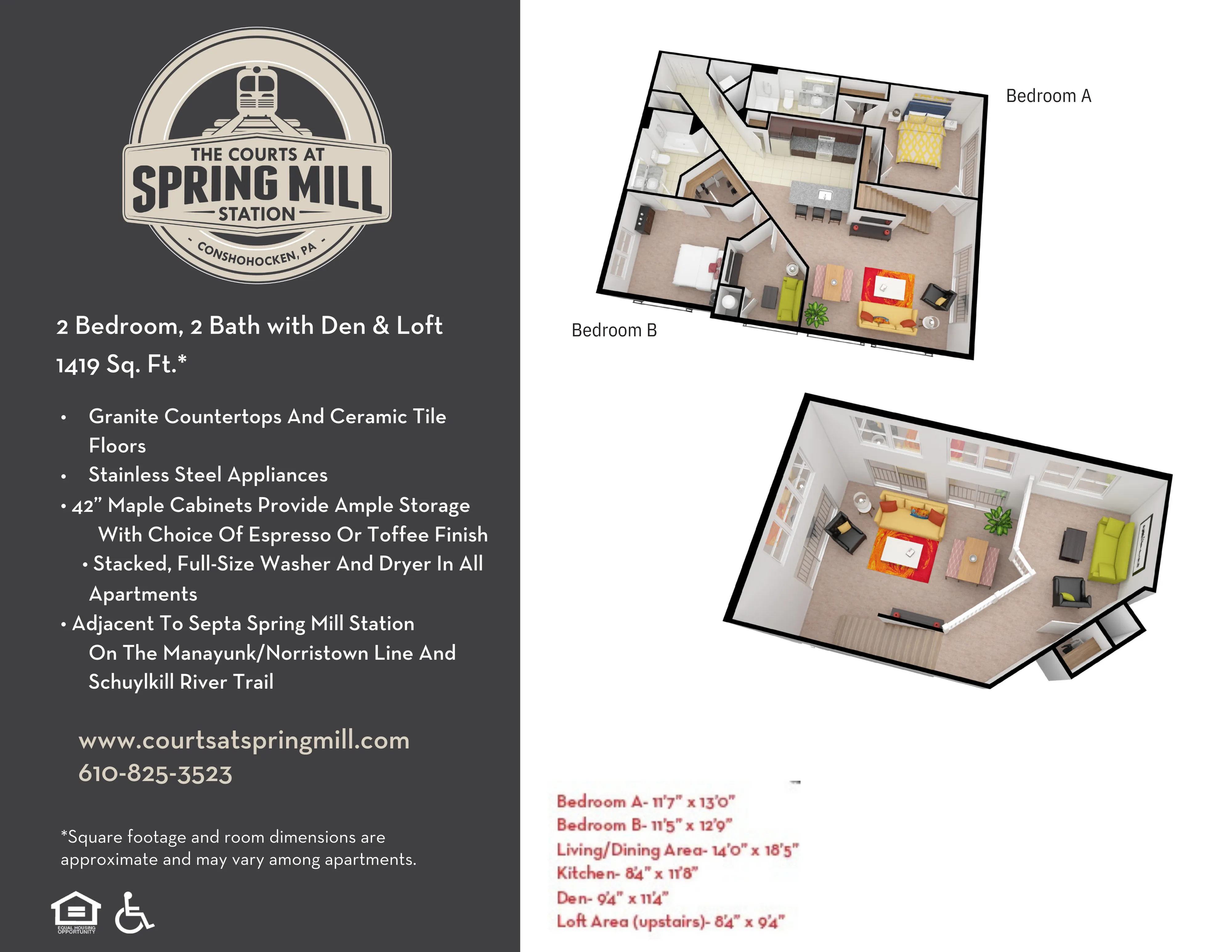 Chic floor plan of The Courts at Spring Mill featuring 2 bedrooms, 2 baths, a den, and loft. Spacious living area with modern kitchen and stylish finishes in 1419 sq. ft.