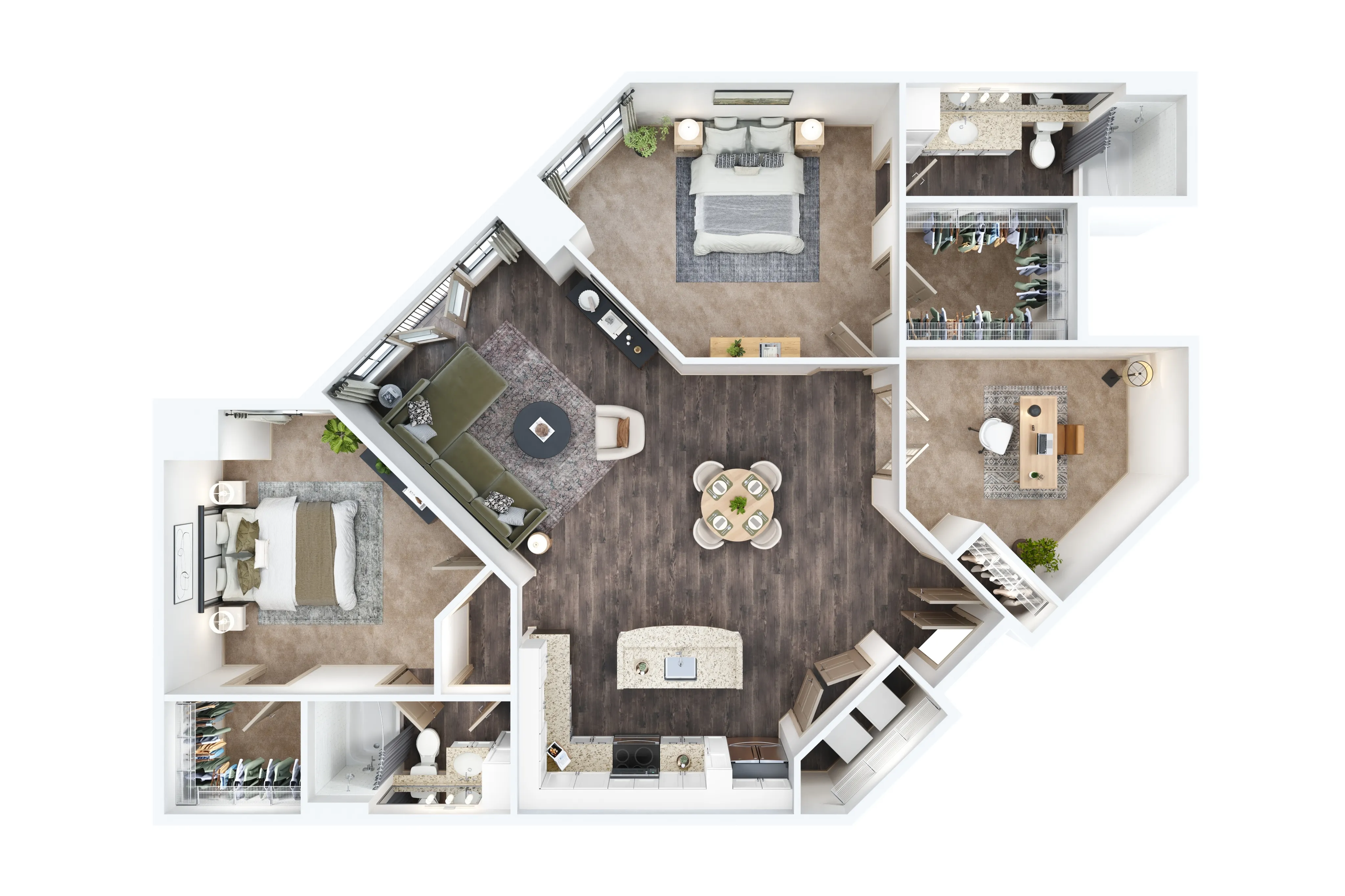 Modern apartment floor plan with two spacious bedrooms, elegant open-concept living and dining area, and a sleek kitchen. Includes office space and ample storage, perfect for contemporary living.