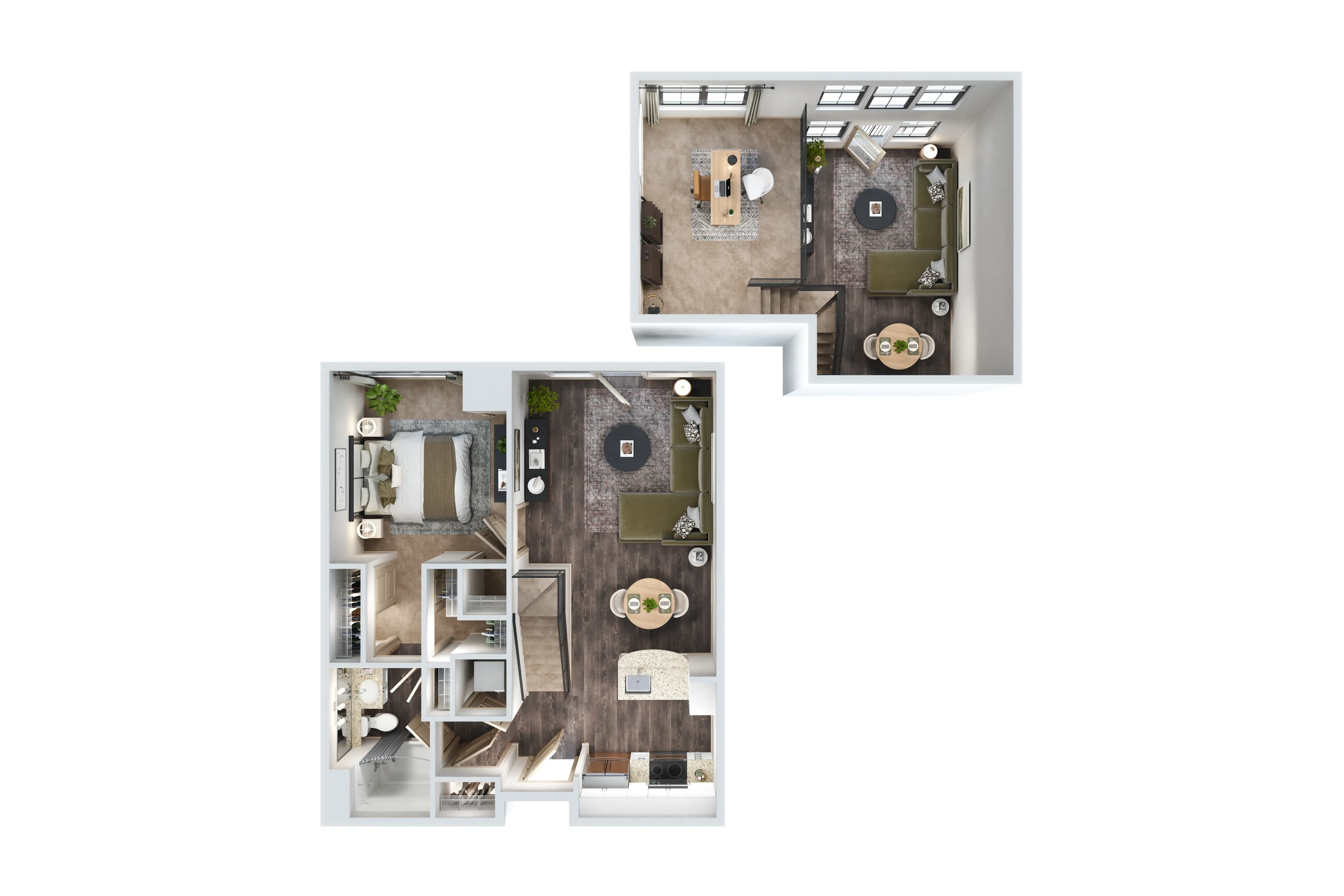 Modern 2D floor plan showcasing a stylish loft with a spacious living room, cozy bedroom, and elegant dining area, complemented by a sleek kitchen layout.