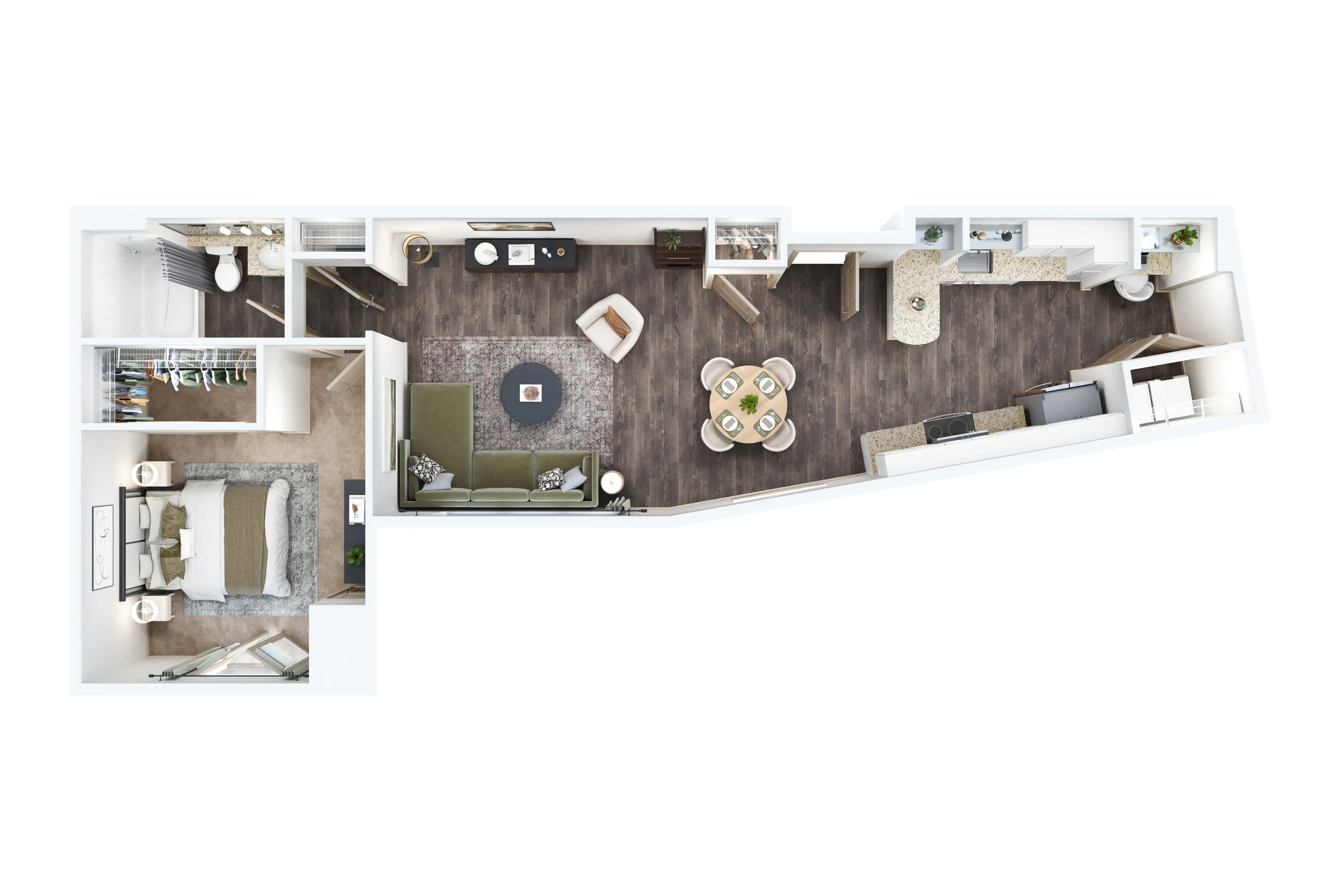 Modern 1-bedroom apartment floor plan showcasing an open-concept living and dining area, stylish kitchen, and elegant bathroom.