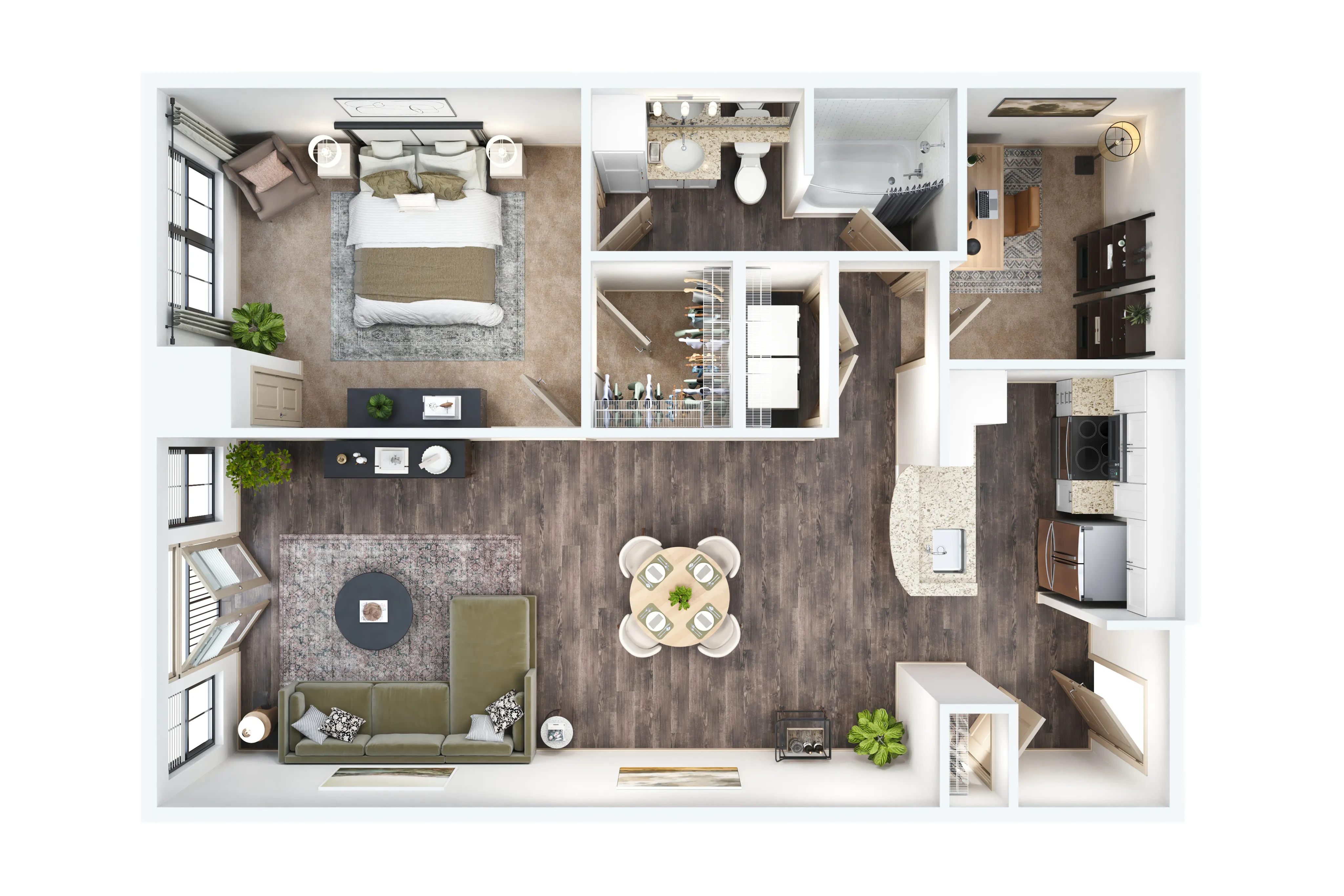 Inviting floor plan showcasing a modern one-bedroom apartment with an open living area, stylish kitchen with breakfast bar, and a cozy bedroom connected to a luxurious bathroom.