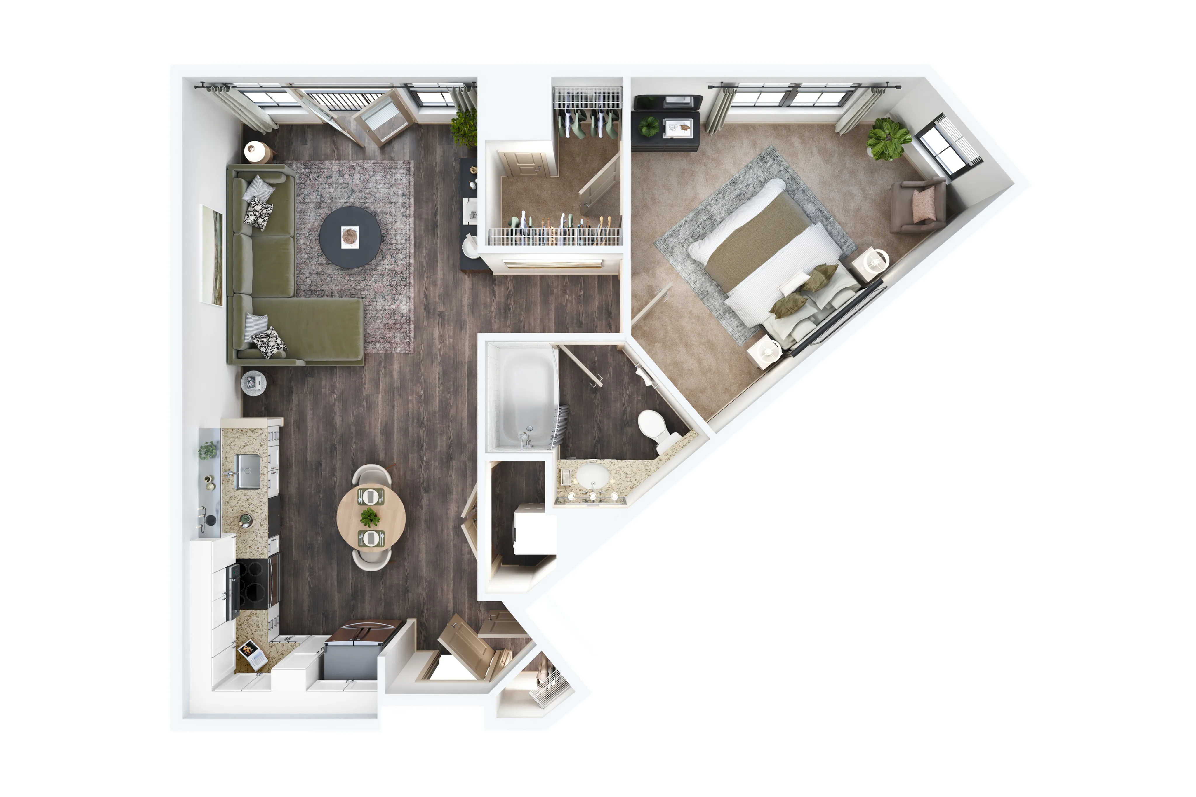 Modern 1-bedroom apartment floor plan with open-concept living area, stylish kitchen, and luxurious bathroom layout.