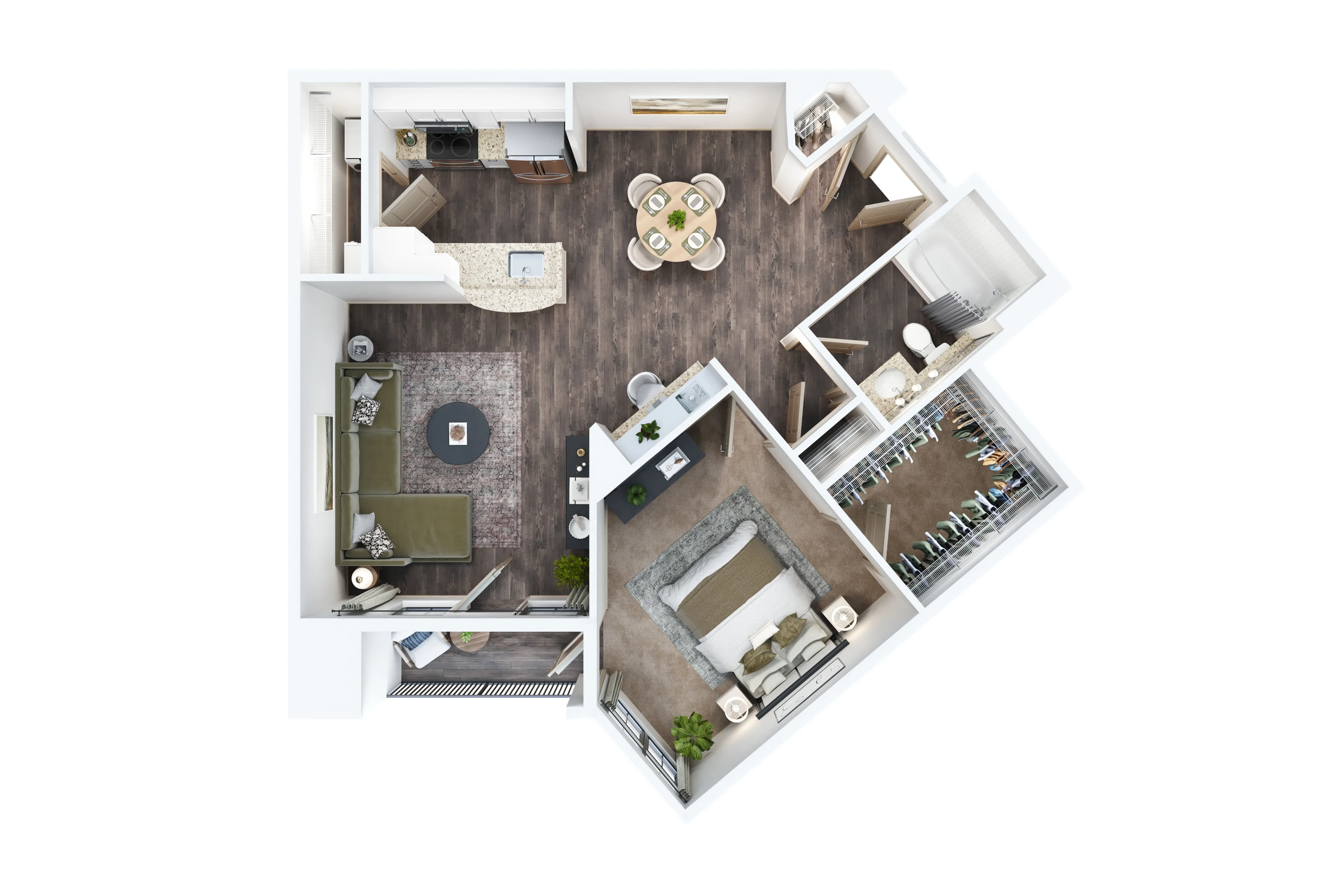 Modern open-concept floor plan featuring a spacious living area, sleek kitchen with island, cozy bedroom, and elegant bathroom.
