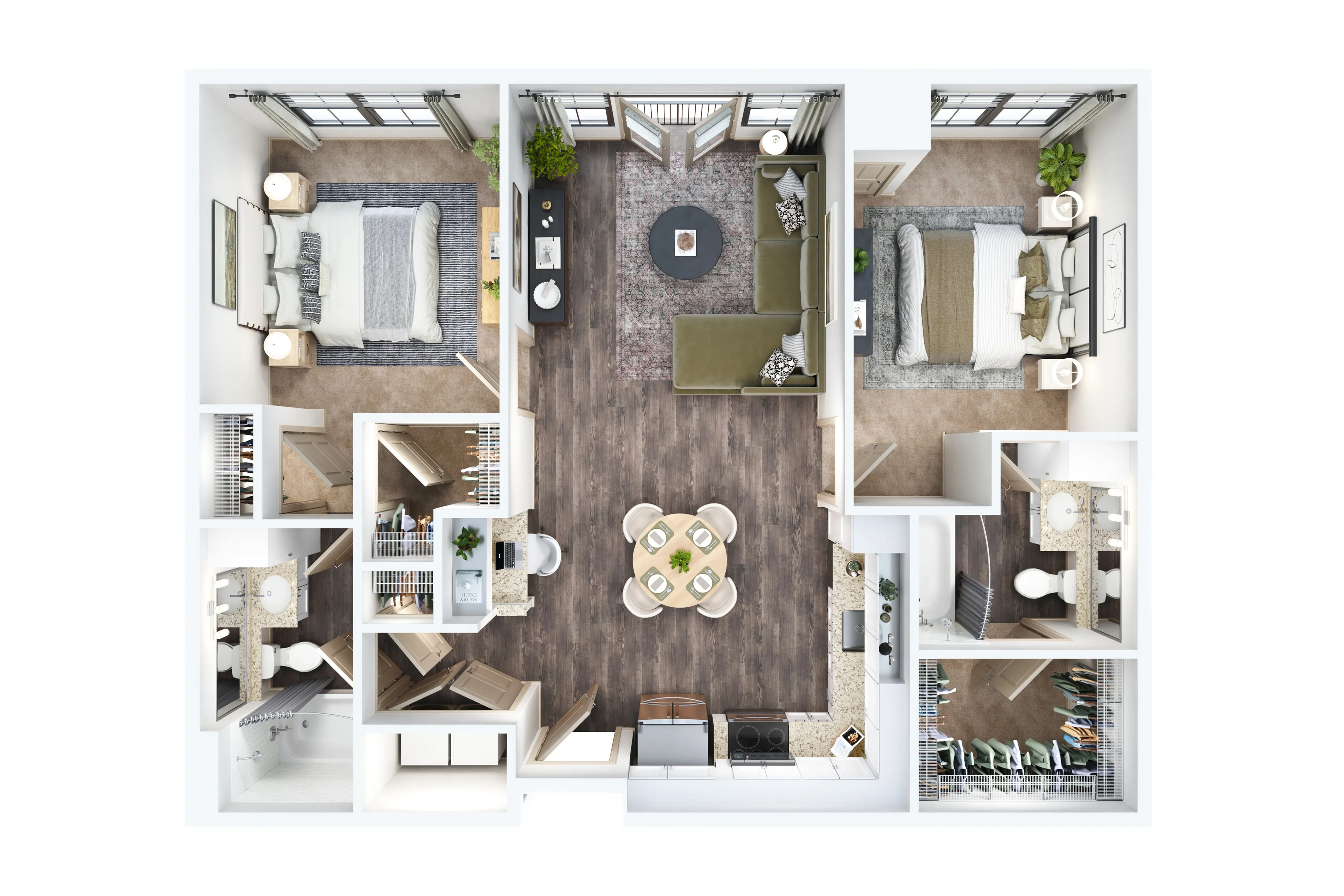 Modern 2D floor plan showcasing two spacious bedrooms, a stylish living room, and a contemporary kitchen with open dining area.