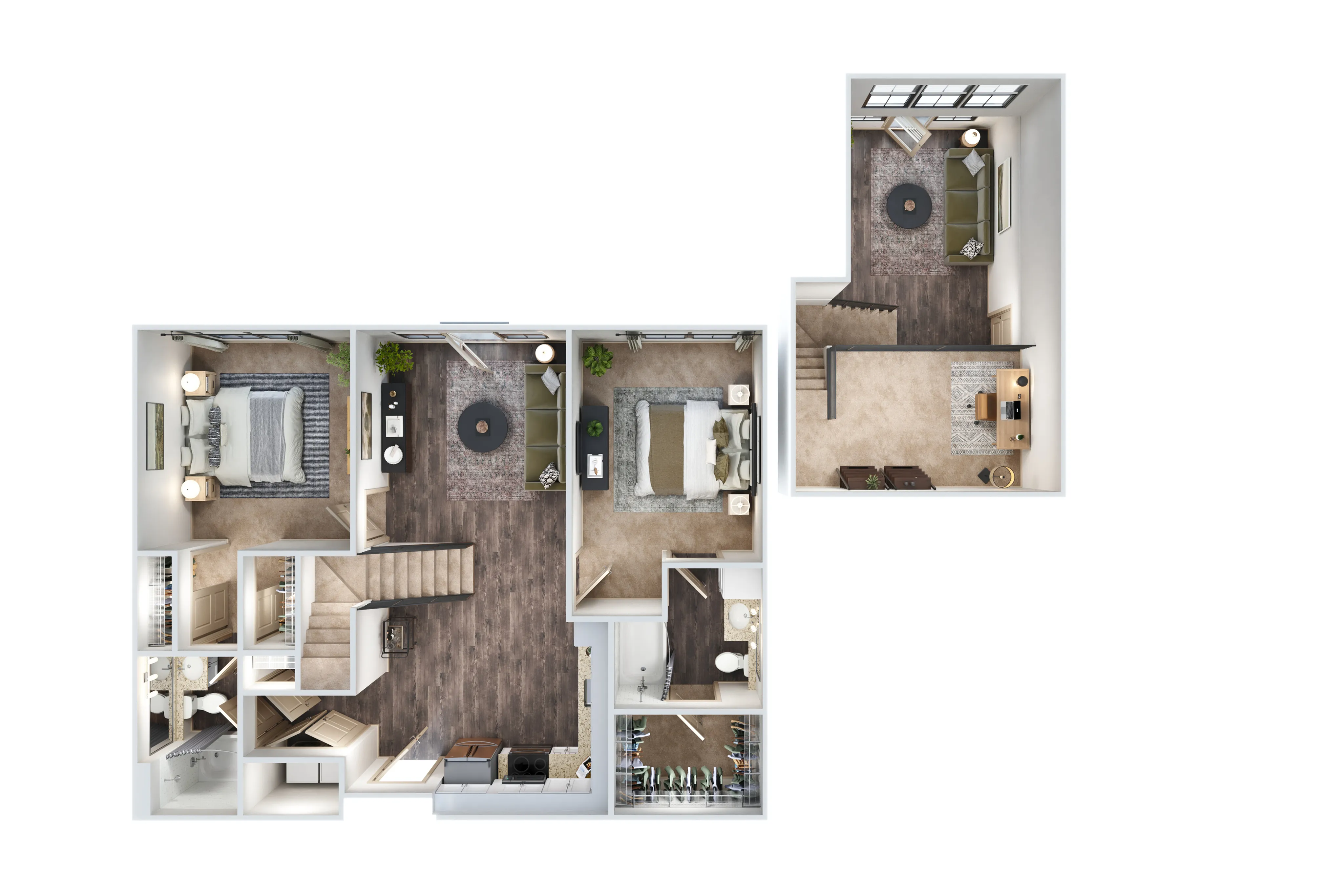Modern 3D floor plan featuring 2 bedrooms, cozy living room, and open kitchen with elegant finishes, complemented by a functional home office space.