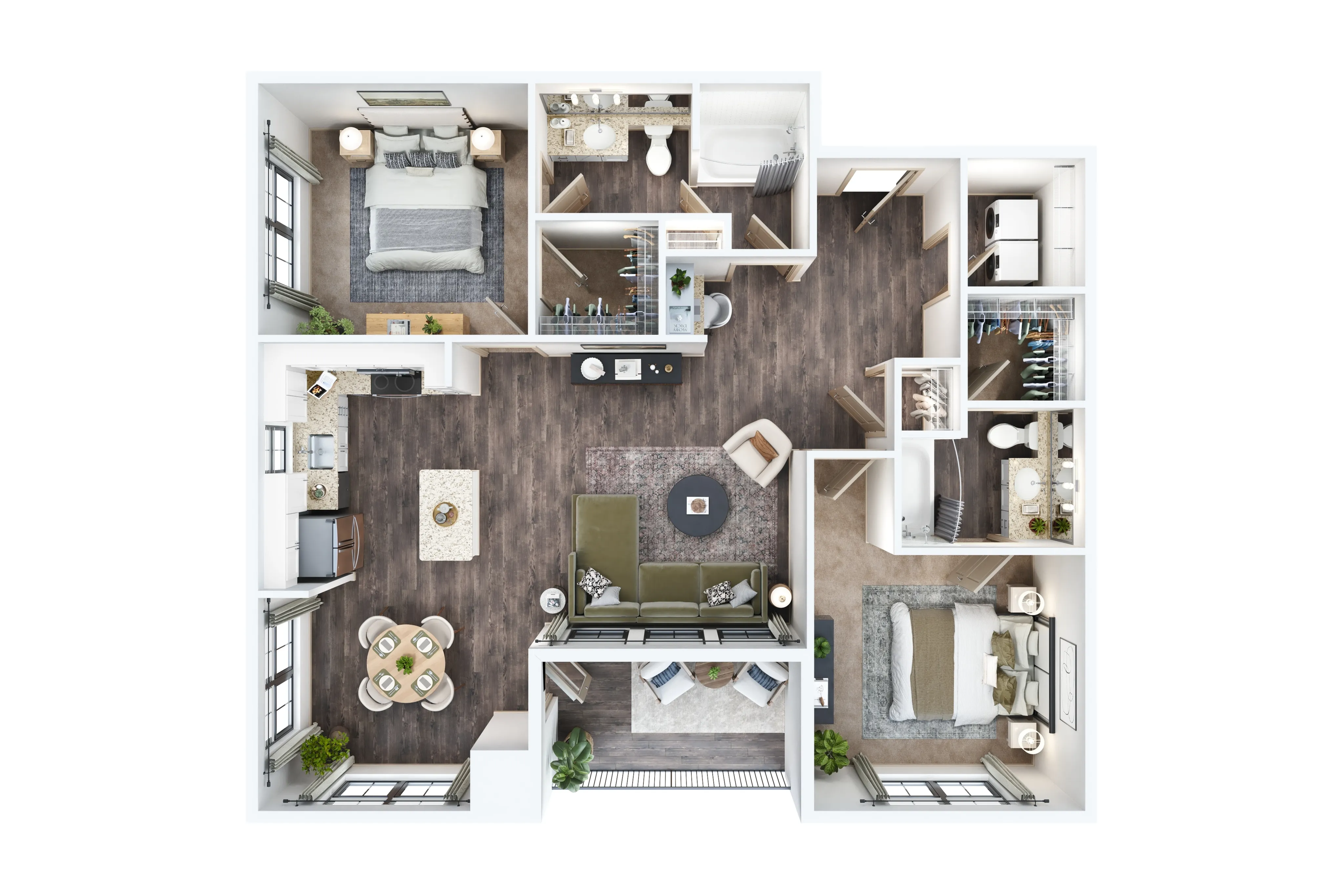 Contemporary 2D floor plan featuring two spacious bedrooms, a modern kitchen, cozy open-concept living area, and two elegant bathrooms.