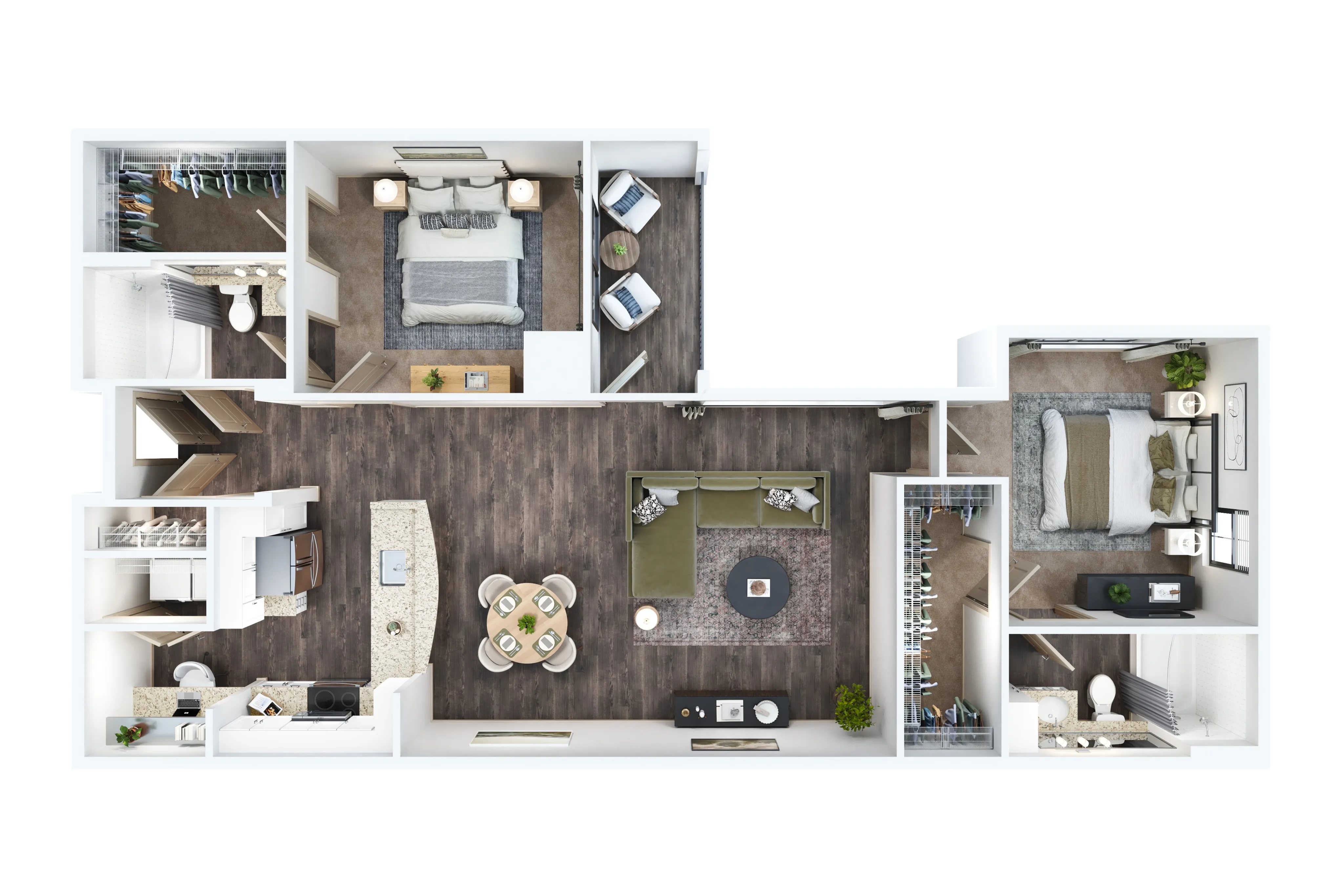 Elegant 3D floor plan showcasing 2 bedrooms, a sleek kitchen, modern living room, and stylish bathrooms, perfect for contemporary living.