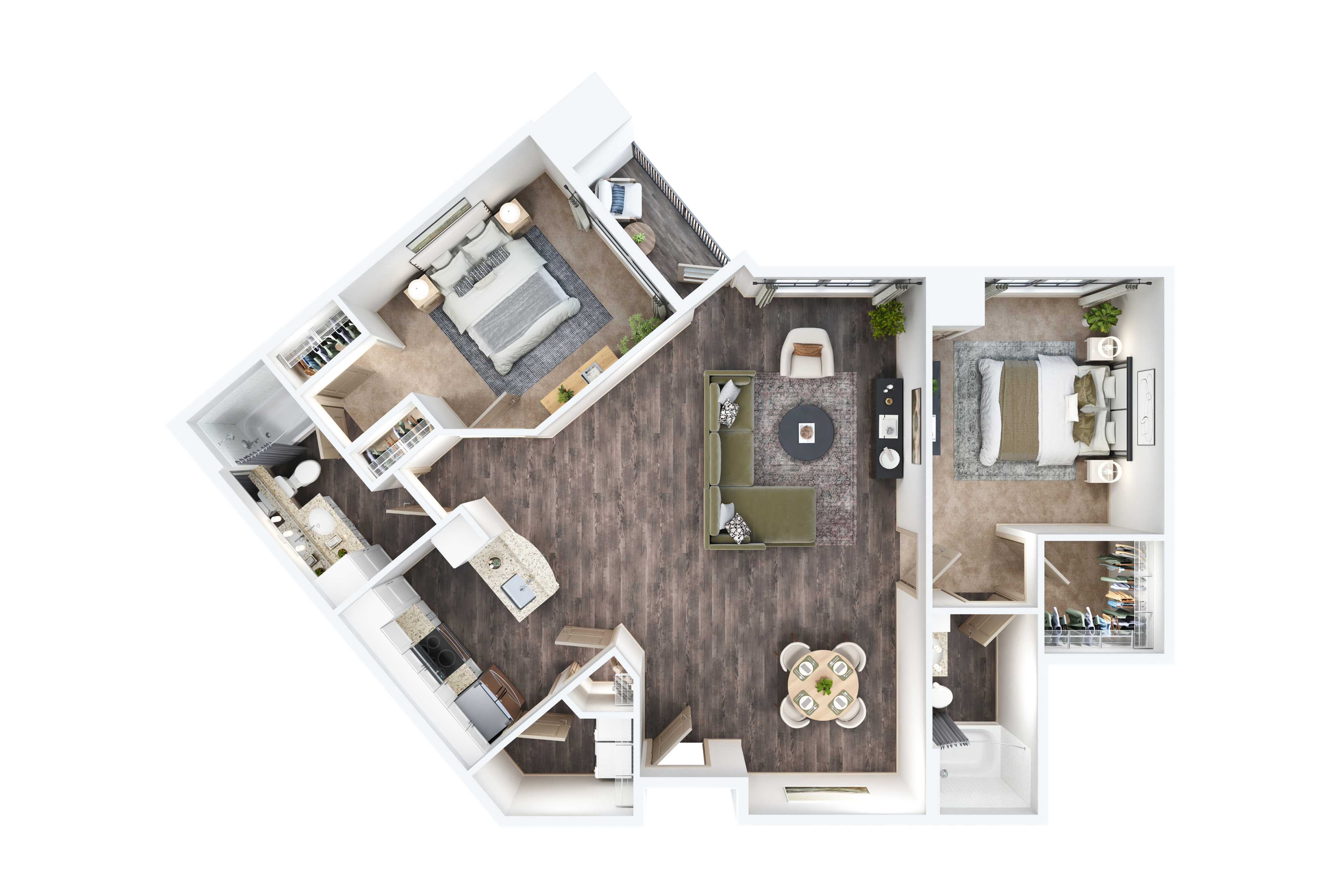 Sophisticated 3D floor plan featuring two bedrooms, a stylish open-concept kitchen, and inviting living and dining areas with modern finishes.