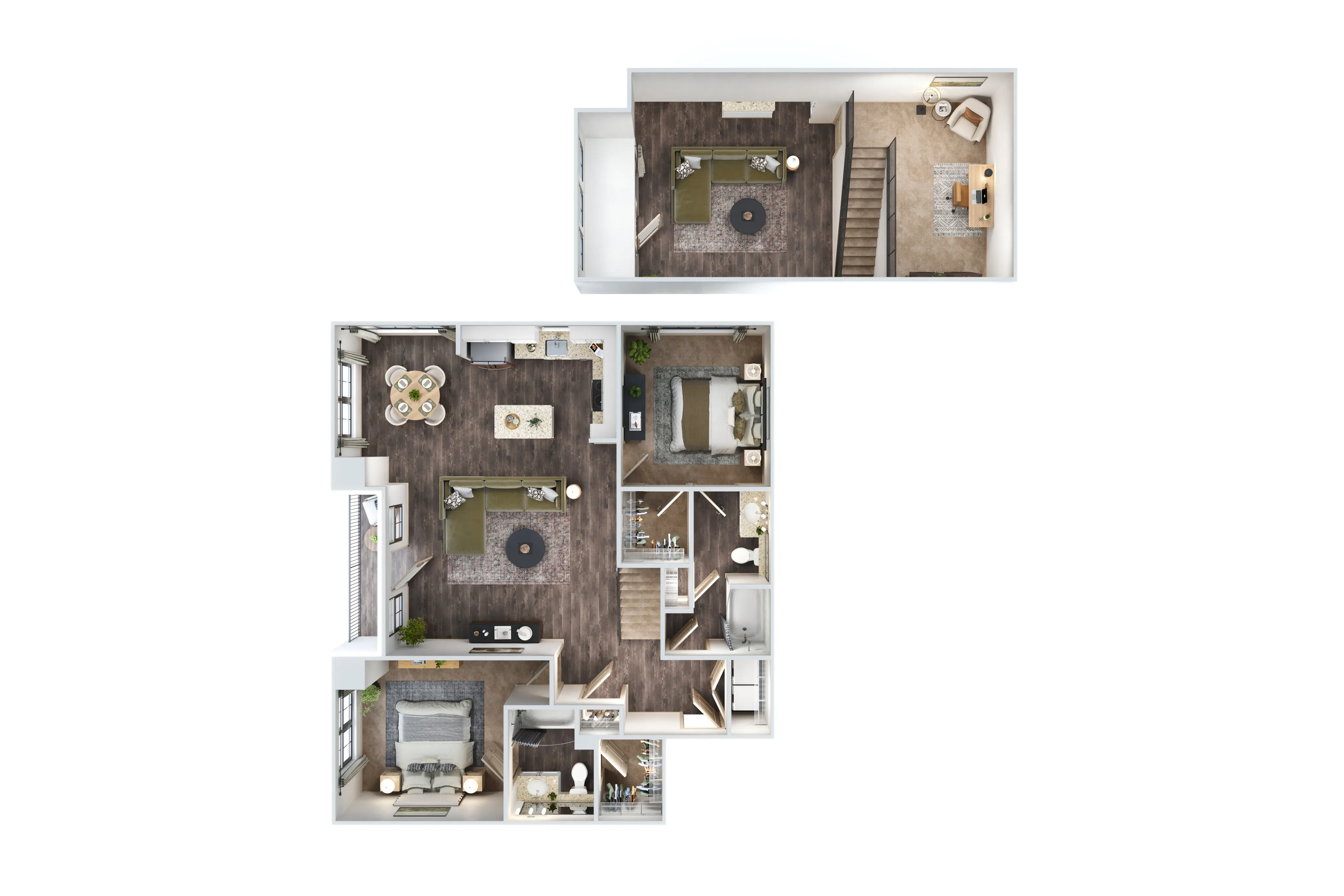 Elegant two-level floor plan featuring a spacious living area, modern kitchen, and three cozy bedrooms, ideal for comfortable living.