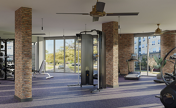 Modern fitness center with state-of-the-art gym equipment, vibrant brick columns, and large windows offering a scenic view.