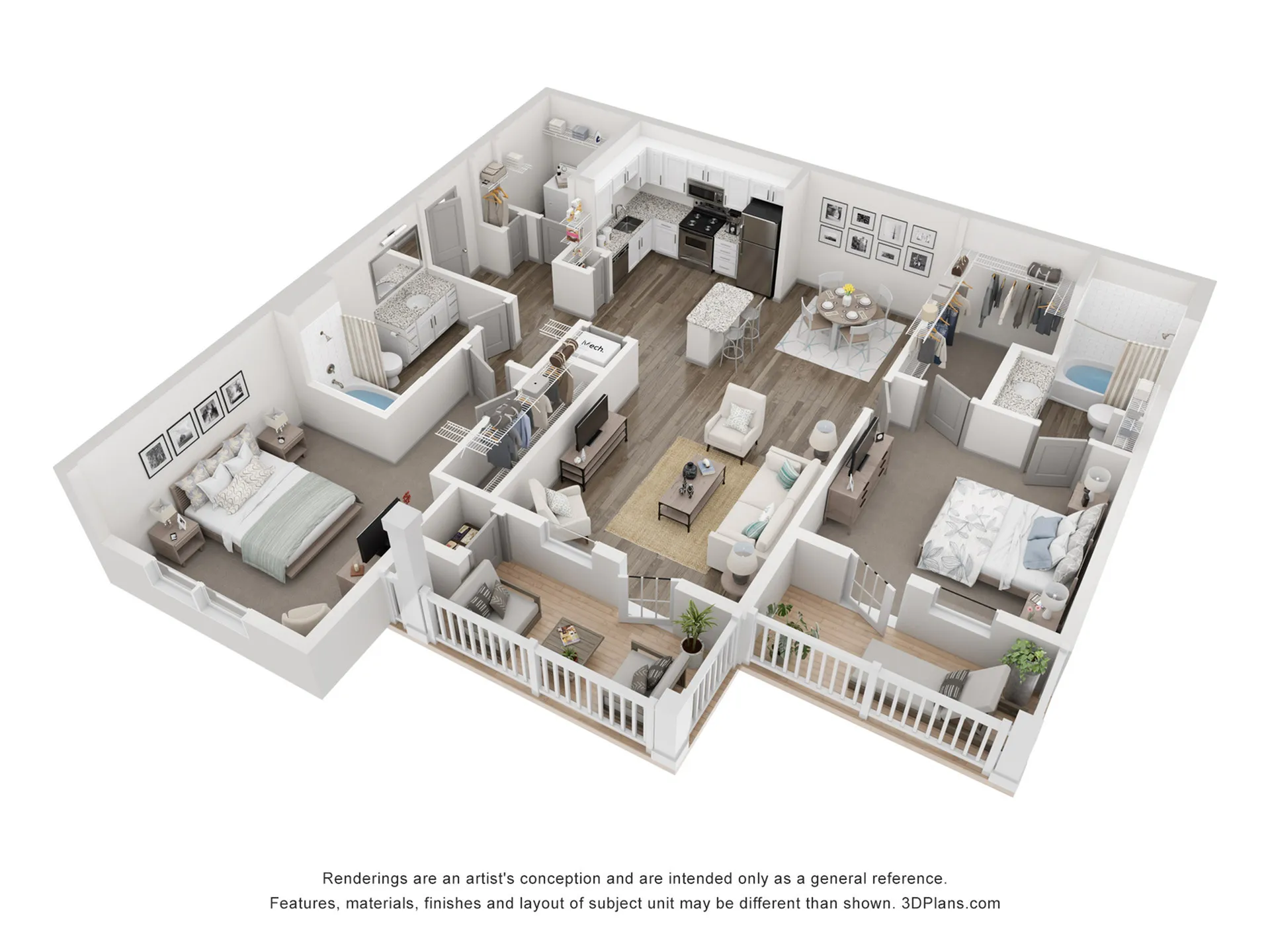 Modern 3D floor plan showcasing 2 bedrooms, open kitchen and dining area, cozy living room, and private balcony.