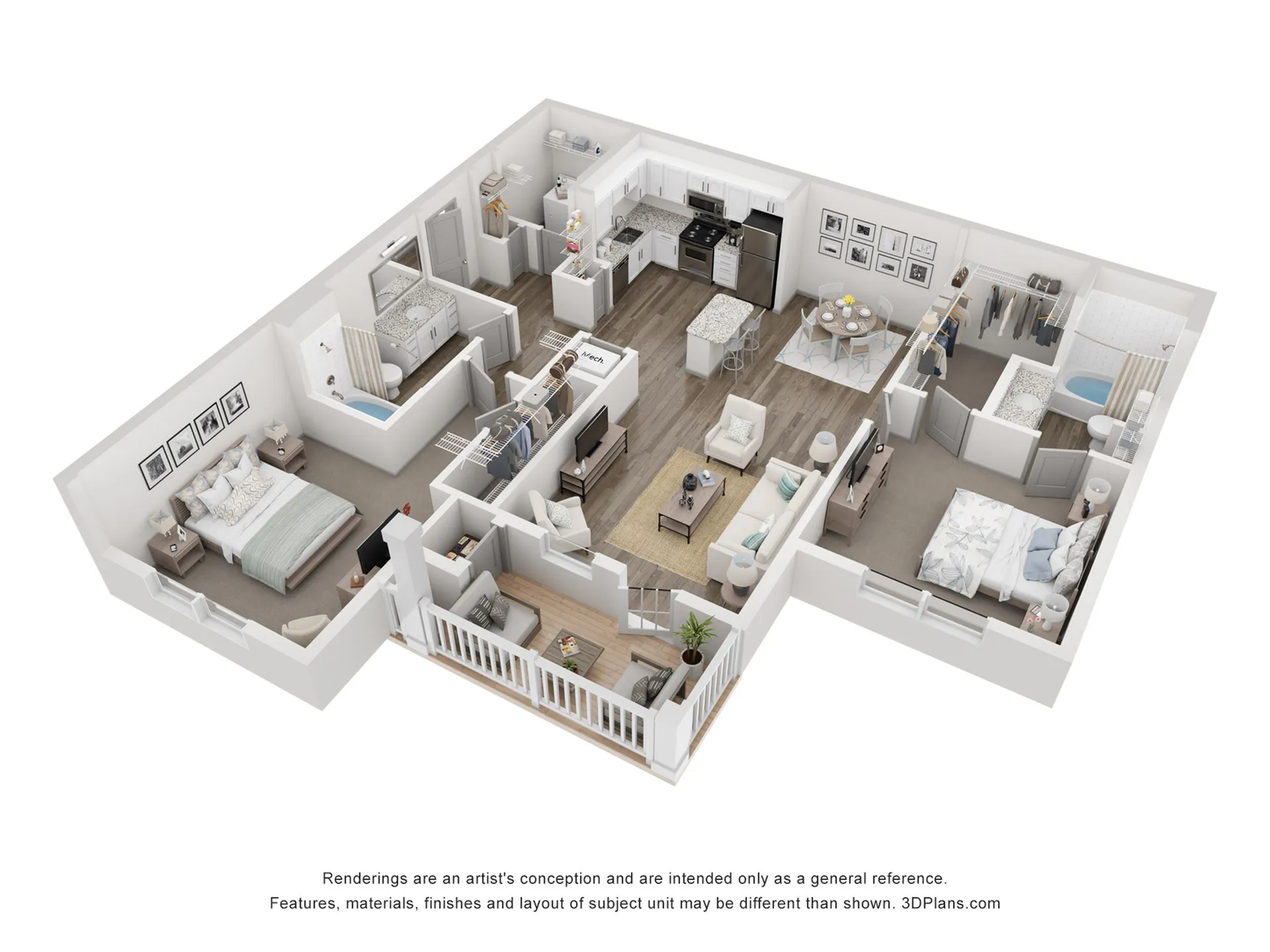 Modern 3D apartment floor plan showcasing 2 bedrooms, spacious open kitchen, cozy living area, and two stylish bathrooms.