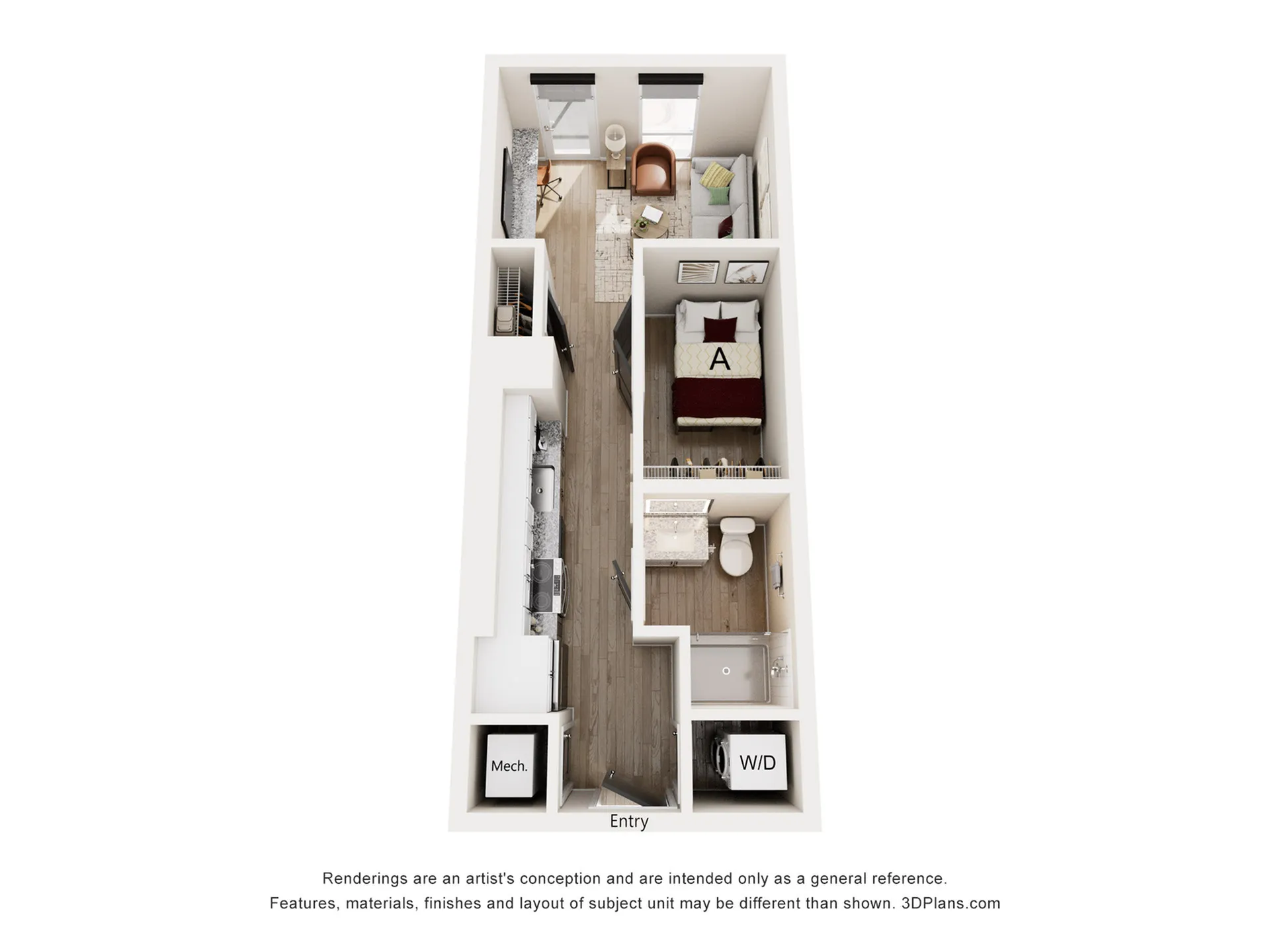 Modern 3D floor plan showcasing a cozy one-bedroom apartment with a stylish open kitchen, inviting living area, and convenient bathroom layout.
