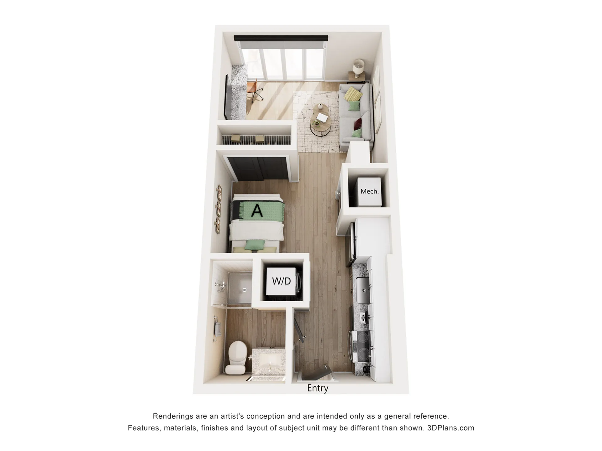 Contemporary 3D floor plan featuring a cozy bedroom, inviting living room, and sleek kitchen, perfect for modern living.